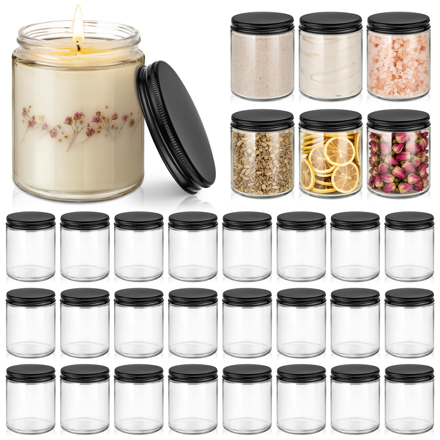 Bumobum 24 Pack 8 oz Glass Candle Jars for Making Candle, Thick Clear Glass Jars with Metal Lids, Bulk Empty Small Food Storage Containers for Spice, Powder, Lotions – Leak-Proof