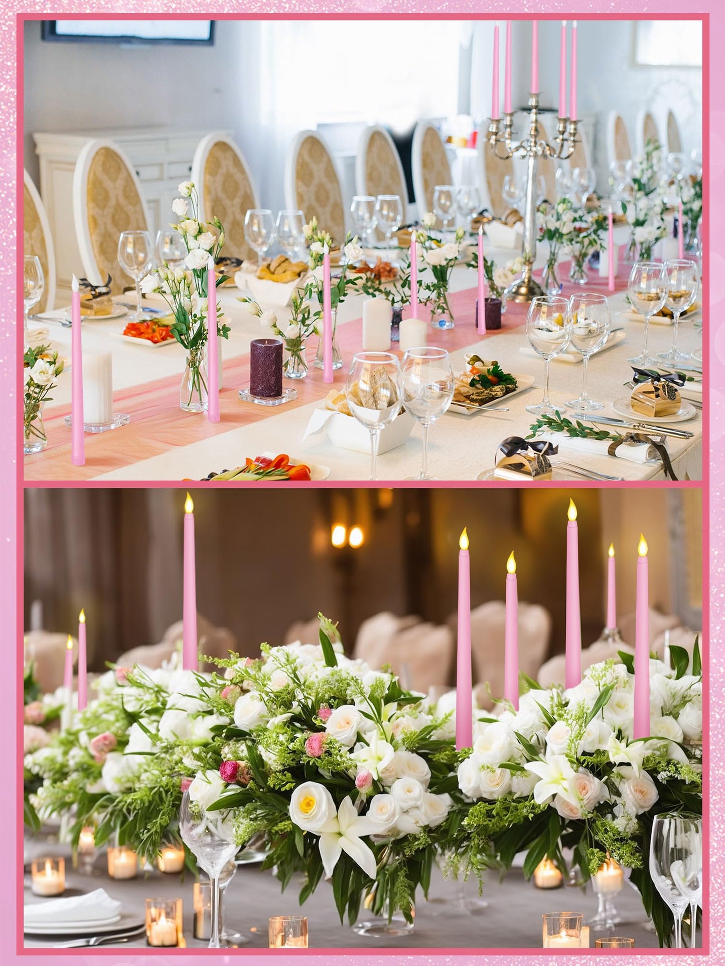 Funtery 48 Pcs Flameless LED Taper Candles Battery Operated Candles Bulk Realistic LED Candlesticks Flickering for Wedding Church Graduation Party Home Decor(Pink,Classic Style)