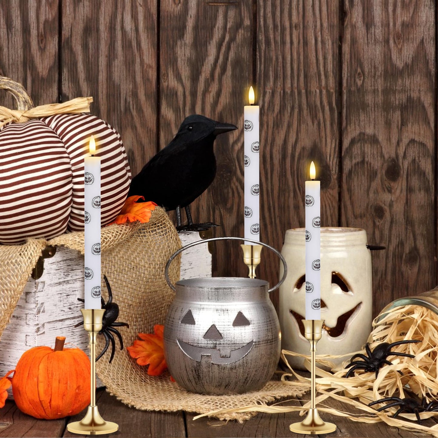 SEHNSY Halloween LED Flameless Taper Candles with Remote and Timer, 4 Pack Battery Operated Real Wax Candles with Glow in The Dark Pumpkin Face Stickers for Halloween Table Party Decor