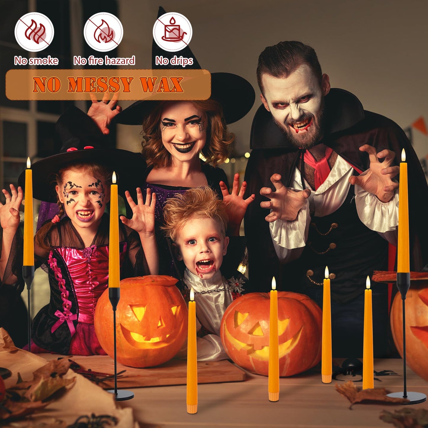 Orange Flameless Taper Candles, 9.6" Halloween Battery Operated Candles with Two Remote, Real Wax Fall Led Candlesticks, Flickering Flameless Candle for Fall, Thanksgiving, Harvest, Halloween, 6 Pack