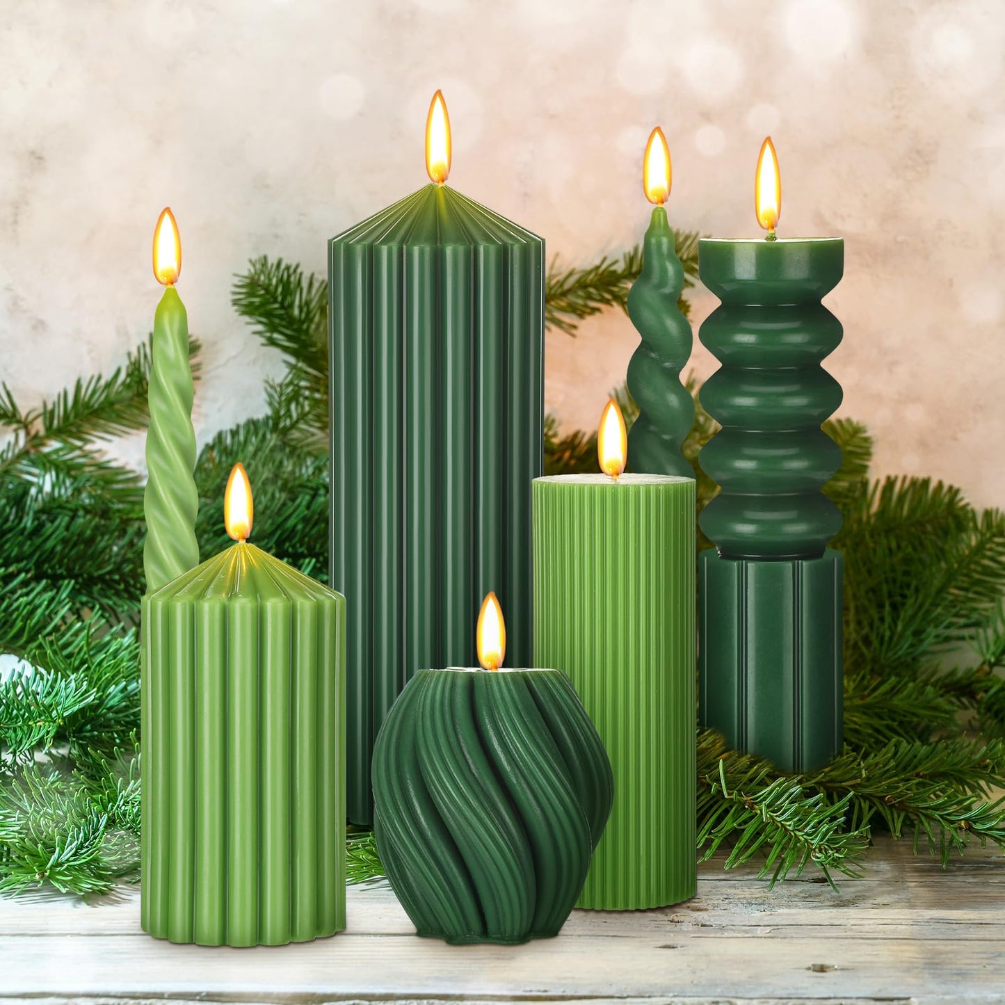 Nuanchu 9 Pcs Modern Decorative Candles Set 5 Pillar Aesthetic Ribbed Candles 4 Spiral Taper Twisted Candlesticks Scented Smokeless Soy Wax for Wedding Holiday Dinner Home Decorations(Green)