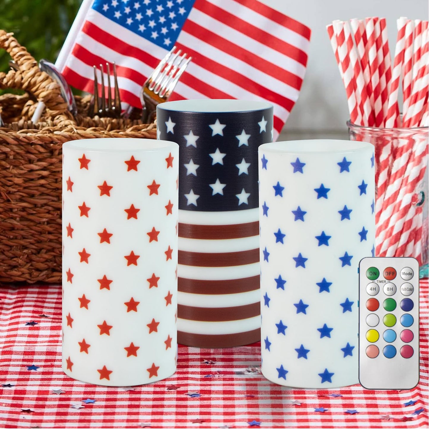 ONEIHOMM 4th of July Candles Battery Operated with Timer Remote Control for American Independence Day Decorations,250th Anniversary USA Patriotic Red White and Blue Candle