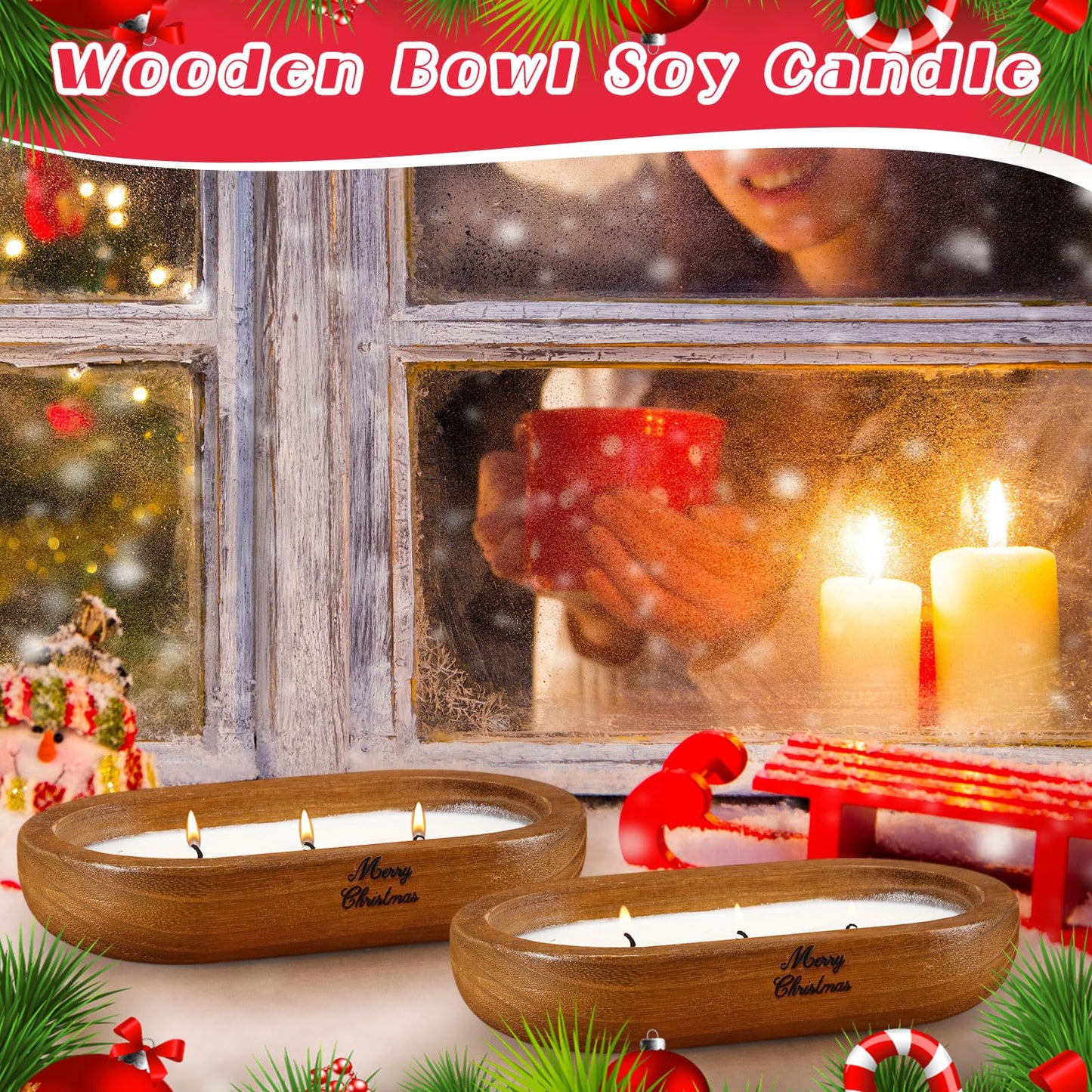 MTLEE 2 Pack Dough Bowl Christmas Candle Wood Candle 9.4 x 5.7 x 1.8 Inch Scented Candles for Home Wooden Candle Bowl 3 Wick Decorative Candles for Home Decor Farmhouse Gift for Christmas