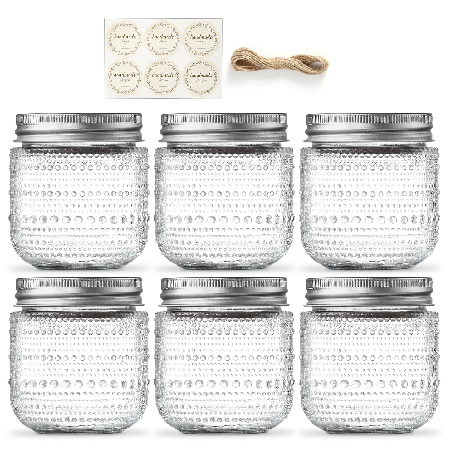 NETANY 6 Pack Small Glass Jars with Lids 8 oz Vintage Embossed Half Pint Mason Jars, Regular Mouth Canning Jars with Metal Lids for Pickling, Jam, Honey, Spice, Yogurt, Candle Making and DIY Crafts