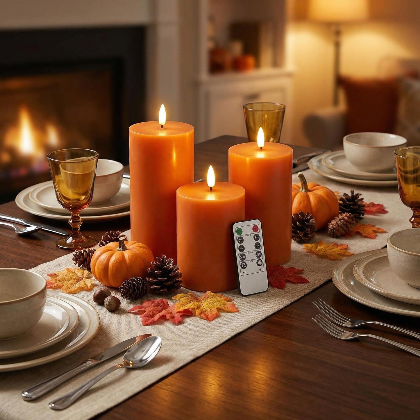 Eywamage Orange Flameless Pillar Candles with Remote, Flickering LED Wax Candles Battery Operated Set of 3