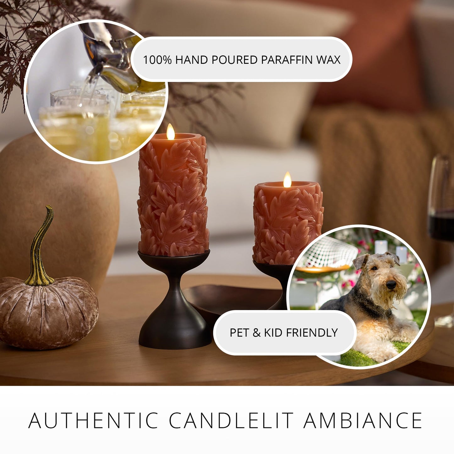 Luminara Flameless Caramel Cafe Embossed Leaves 3.5" x 4.5" Pillar, Battery Operated & Timer Function, Fall Decorations Indoor Candle Moving Flickering Flame LED Light, Remote Ready (Sold Separately)
