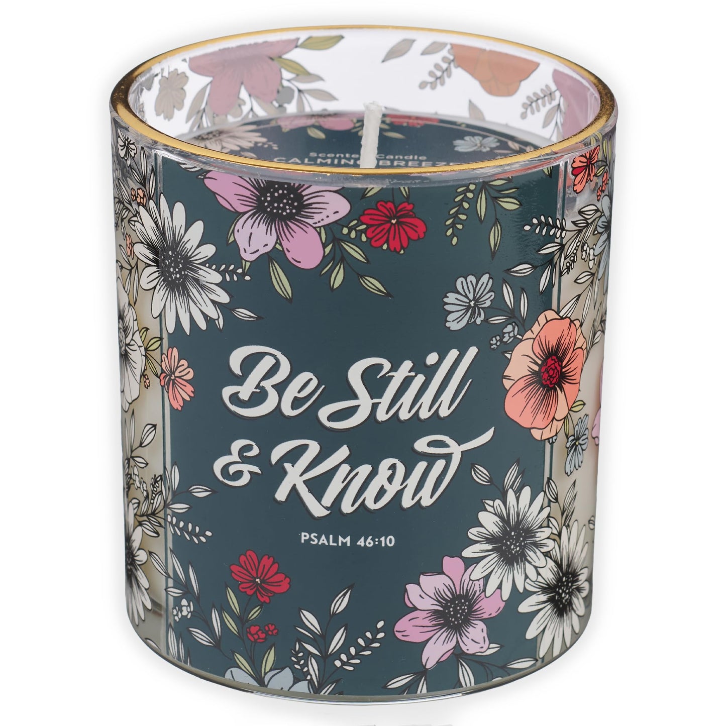 Christian Art Gifts Be Still & Know Scented Candle: Soy Wax, Pure Essential Oils, Calming Breeze Scent, Bible Verse, Floral Design Glass Jar, Encouragement Gift for Women, 40 Hours Burn Time