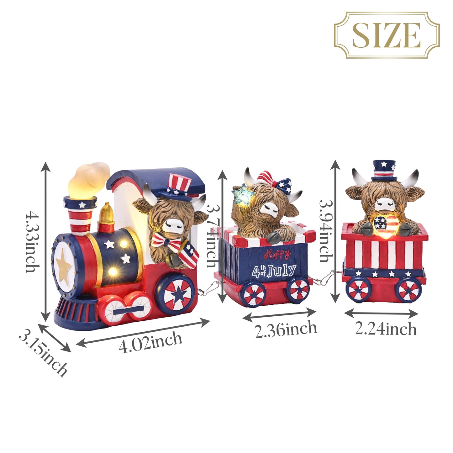 Valery Madelyn 4th of July Highland Cow Train Decorations Lighted LED Memorial Day Decor for Home, High Mountain Yak Train Figurines Red White and Blue Decorations, Patriotic USA 250th Anniversary