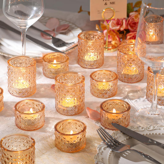 NITIME 24pcs Assorted Gold Votive Candle Holders, Tealight Candle Holders for Table Centerpiece, Green Glass Candle Holder Decor for Wedding, Party & Home Decor