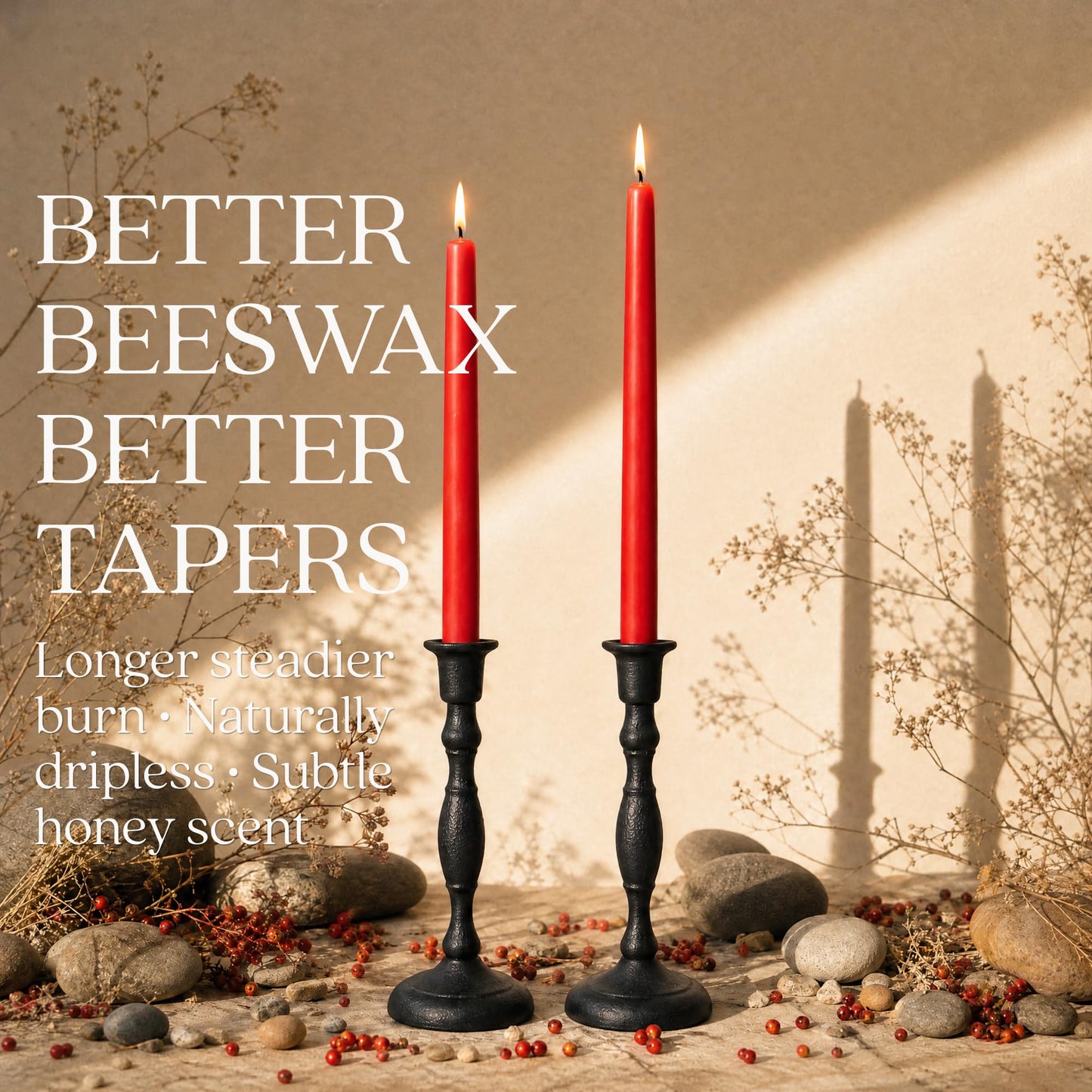 Bluecorn Beeswax Taper Candles, 100% Pure Natural Bees Wax, Pair of 12 Inch Red Tapered Candlesticks, Clean Burning & Dripless, Fragrance Free, Long Lasting, Home Decor, American Made, 1 Count