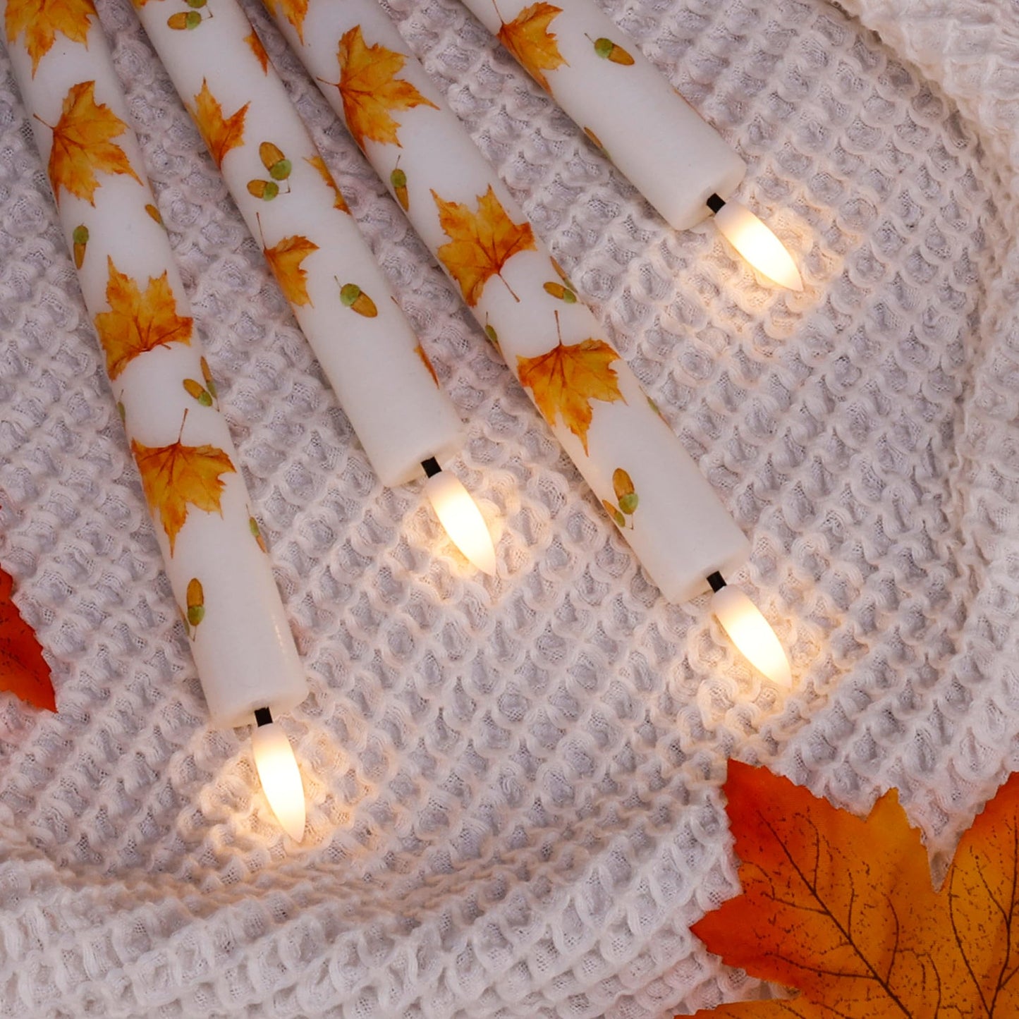 SEHNSY Fall Flameless Taper Candles with Remote, Real Wax Maple Leaf & Acorn Battery Operated Candles,Autumn Led Candlesticks for Fall, Harvest, Thanksgiving, Halloween Decorations for Home Party