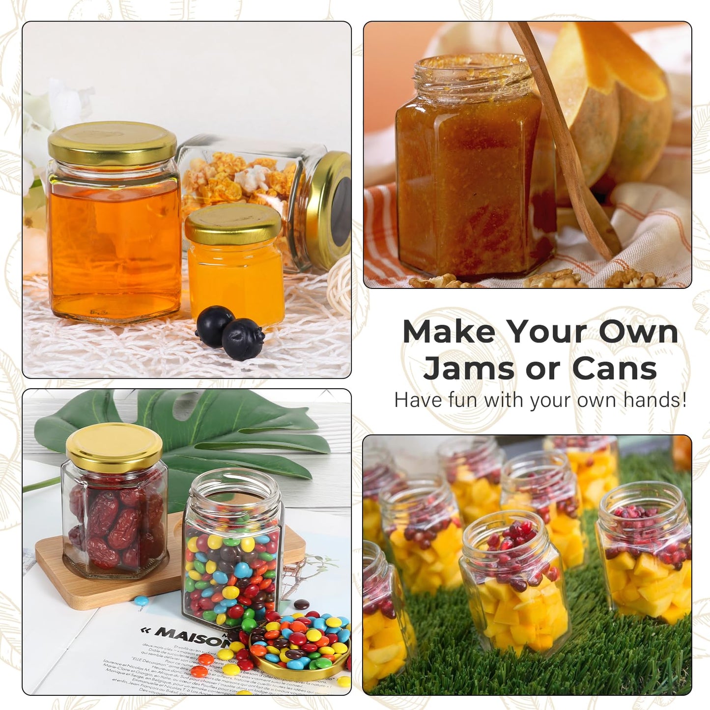 Waymind 6 oz Hexagon Glass Jars with Gold Lids, 30 Pcs Canning Jars for Jam, Honey, Jelly, Candy, Candle, Wedding Favors, Baby Shower Favors, Spice Jars Crafts with Stickers and Pen for Labeling