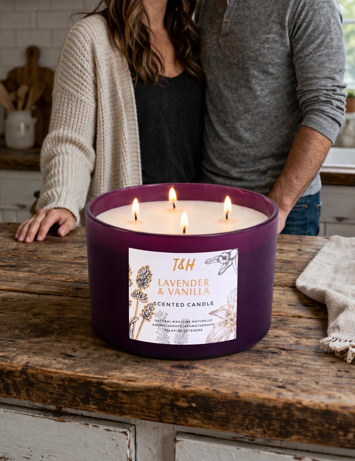 Lavender Vanilla Candle | 4 Wick Extra Large Scented Soy Candles 20 oz | Highly Scented Aromatherapy Lavender Candle for Women | Relaxing Stress Relief Home Scent | Long Lasting Clean Burn