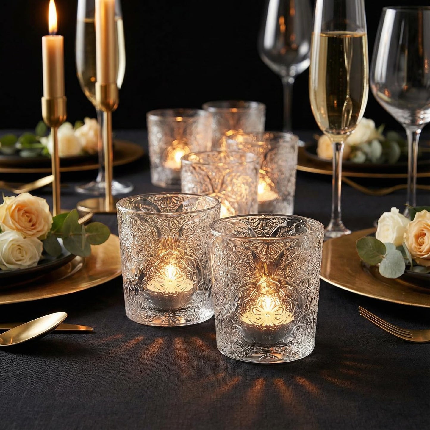 6 Pack Mandala Embossed Glass Candle Holders – Votive Tealight Holders with Patent Design, Decorative Embossed Glass Cups for Wedding Centerpieces, Parties, and Home Décor (Crystal Clear)