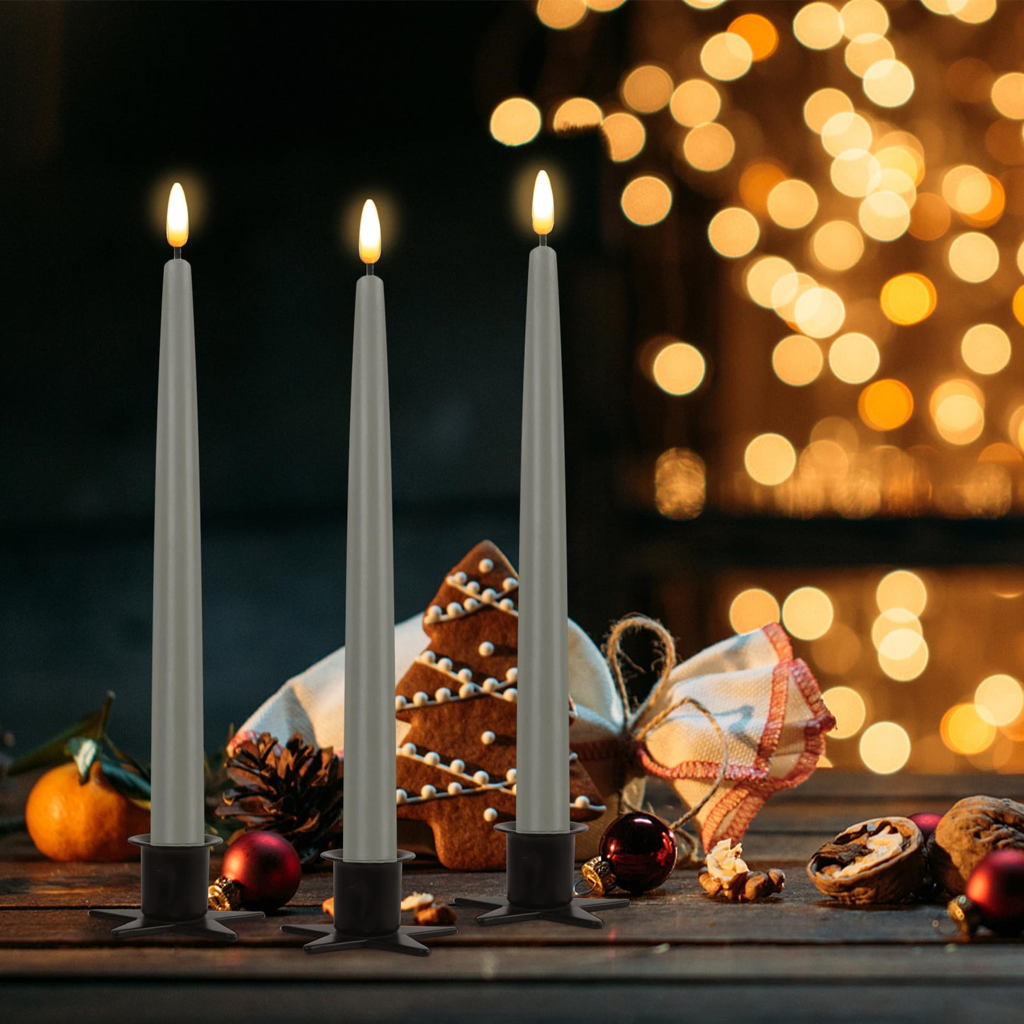 CVHOMEDECO. Flameless Taper Candles with 10-Key Remote, Battery Operated Led Flickering 3D Wick Window Candles Real Wax Finished Home Christmas Party Decor 0.78 x 11 Inch, Pack of 3, Grey