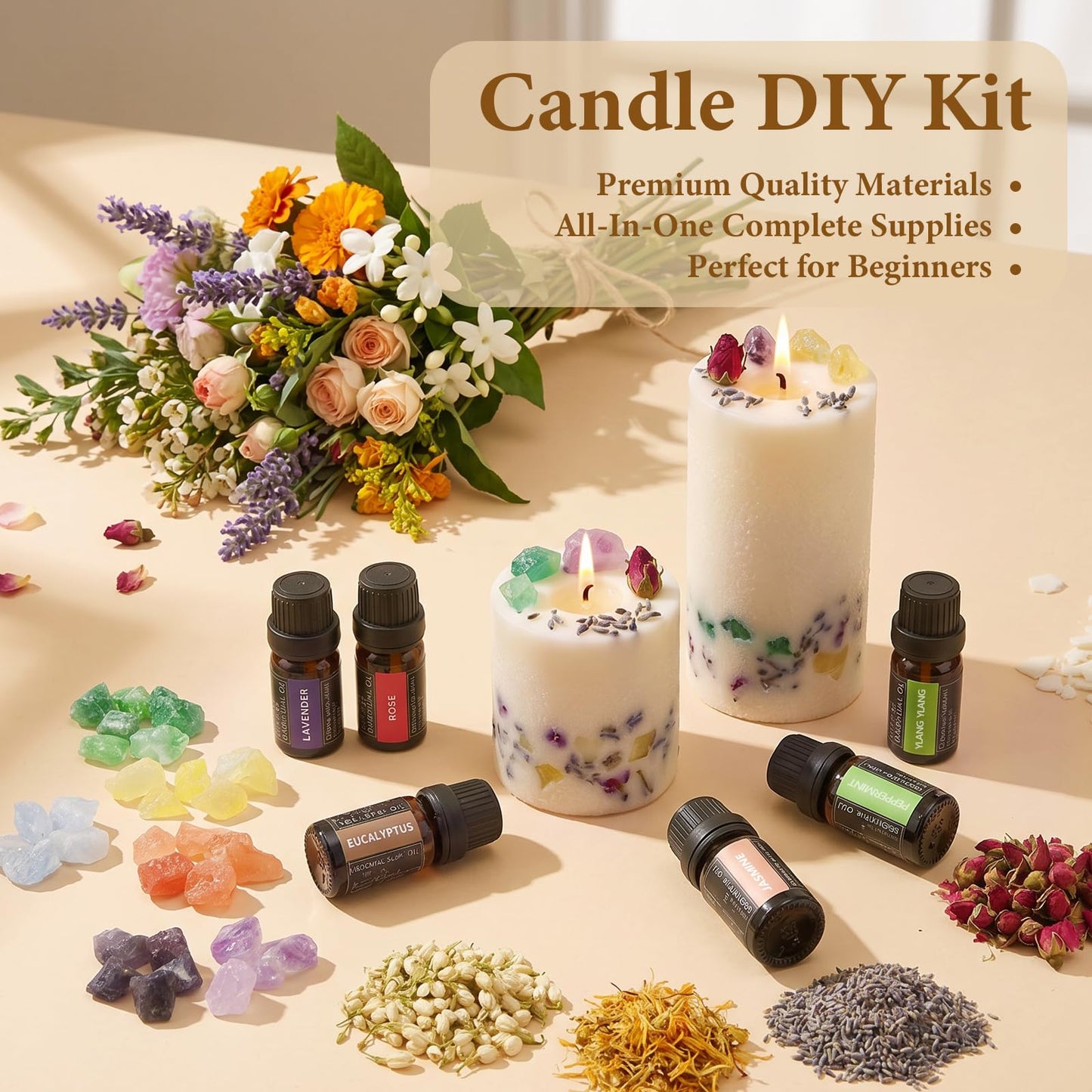SACATR 10LB Soy Wax Candle Making Kit,Natural 100% Soy Wax for Candle Making, with Essential Oils, Raw Crystals,Dried Flowers,Wicks,Candle Making Supplies for DIY Scented Candles,Holiday Gifts