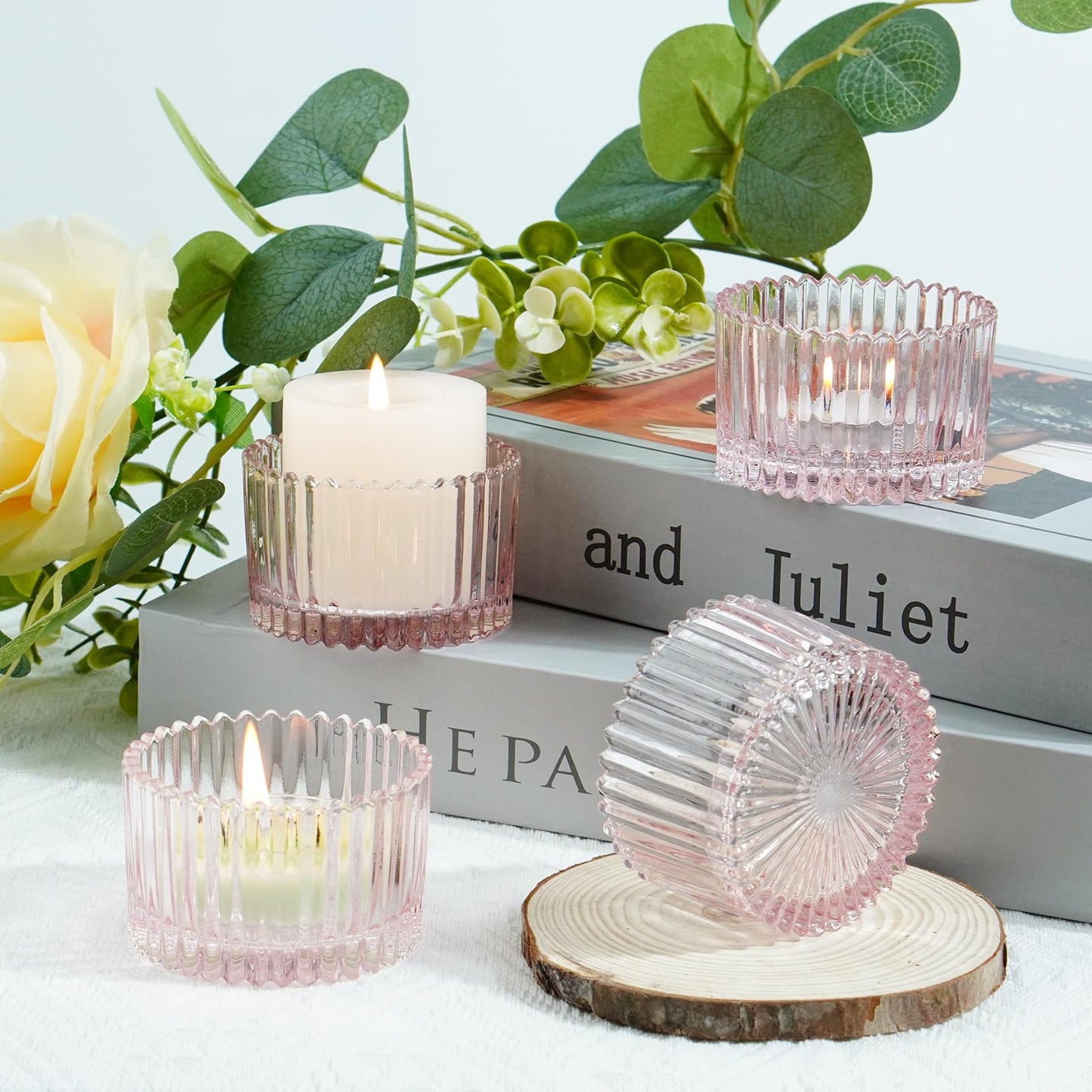 Jollyhilan 6 Pack Glass Candle Holder,Round Glass Candle Tray Ribbed Tealight Holders for Votives, Floating Candles Table Centerpieces Wedding Home Decor,Pink