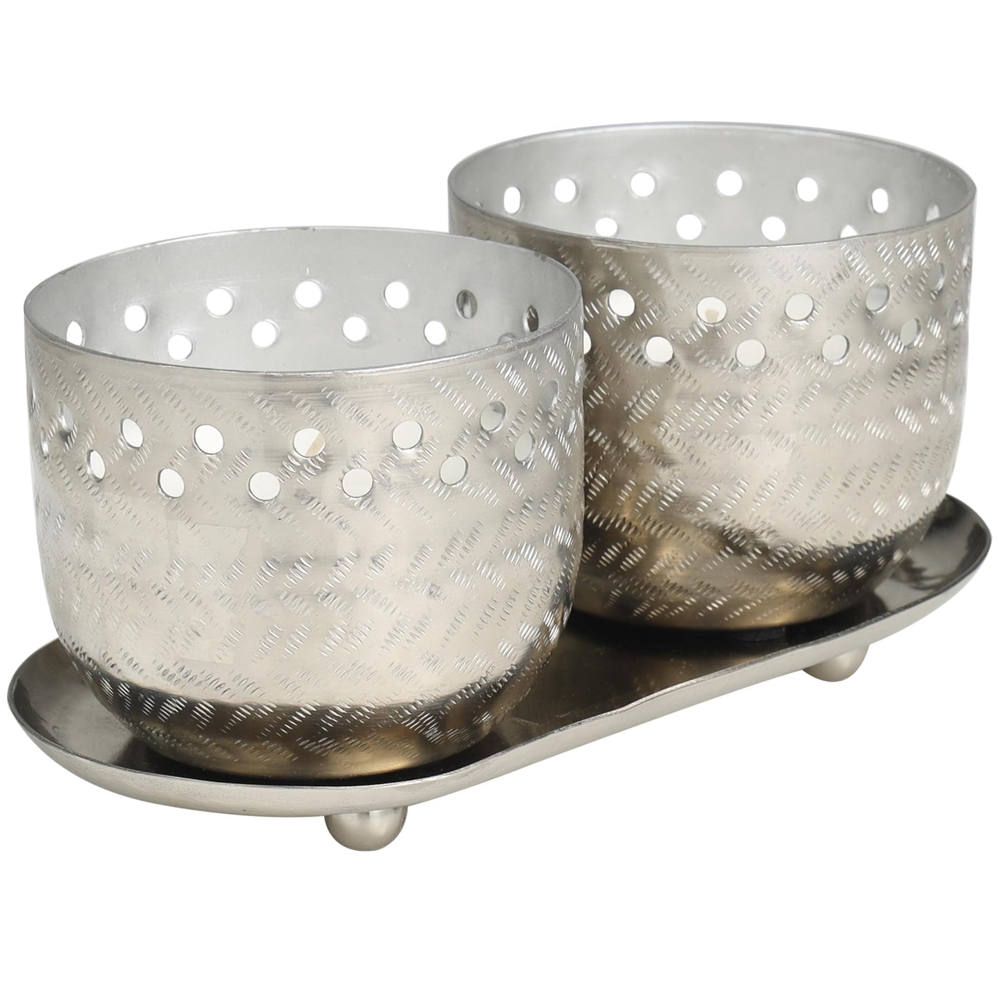 Deco 79 Metal Decorative Candle White Sage Scented Cutout Spotted 7 oz 1 Wick Aromatherapy Candle with White Wax, Set of 2 Wax Aromatherapy Candle 8" W, 4" H, Silver
