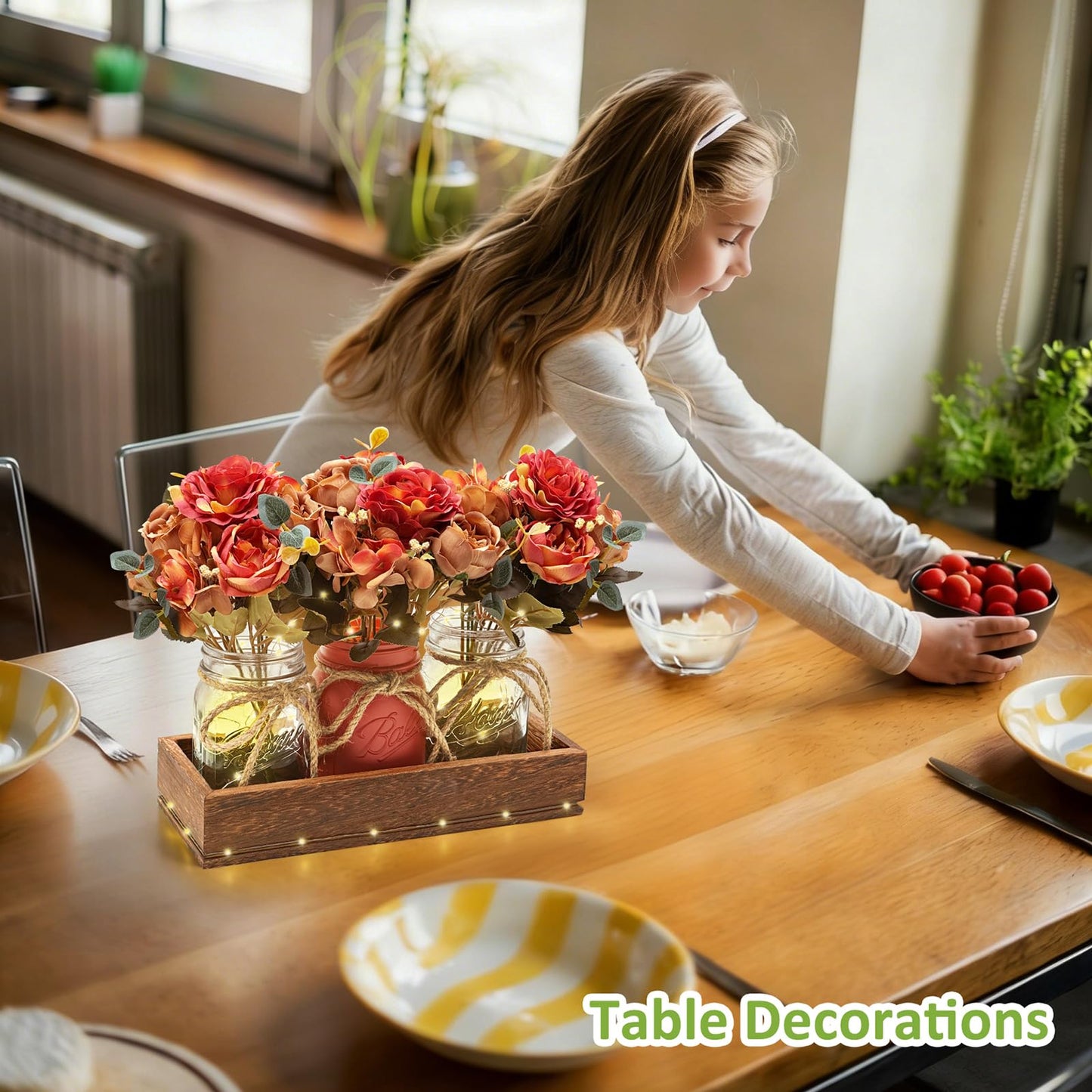 HOMECOR Mason Jar Light Centerpiece Table Decor for Dining Room - Farmhouse Centerpiece Table Decorations with Wood Tray and Remote Control LED Lights for Coffee Table Decor Living Room Wedding