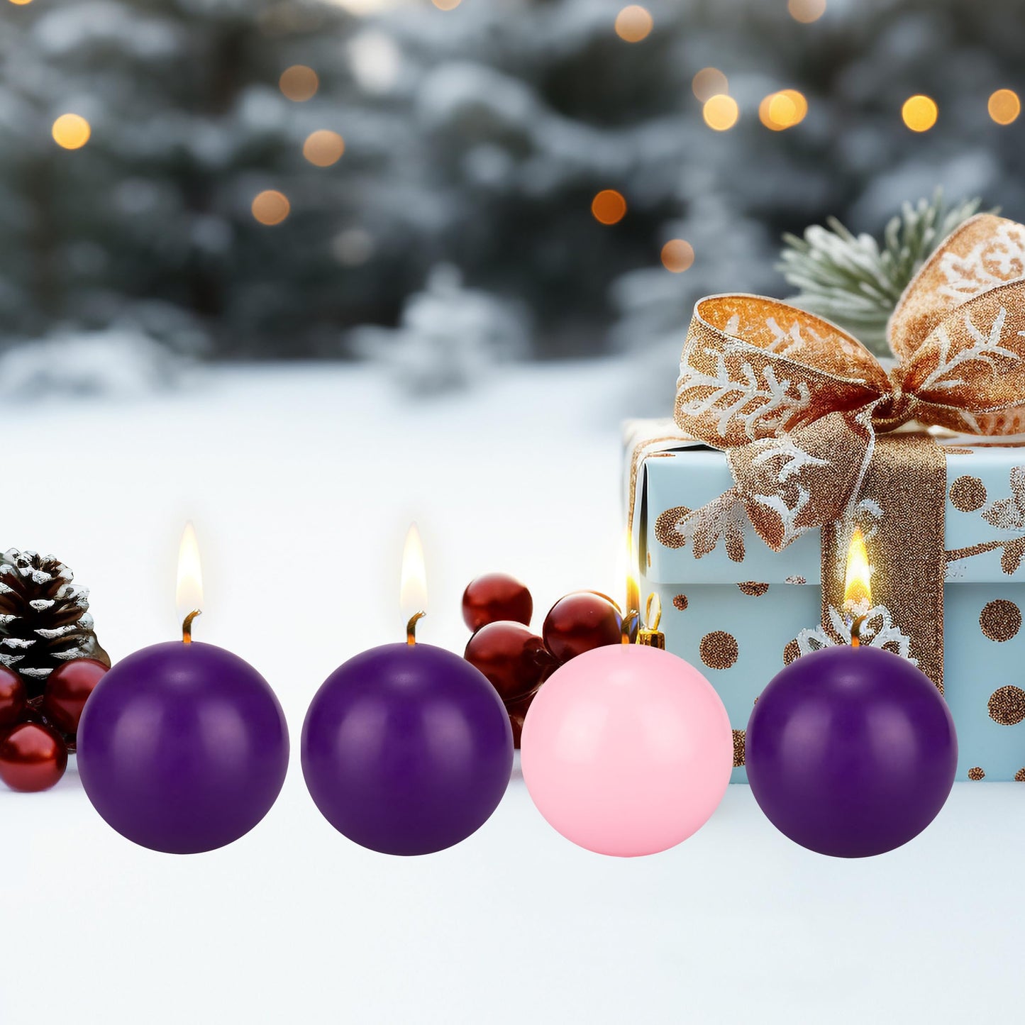 Mega Candles 4 pcs Unscented Christmas Advent Candles Set, Hand Poured Premium Wax Round Ball Candle 3 Inch Diameter, Holidays, Festivities, Devotional, Church, Wreath, Party, Gifts