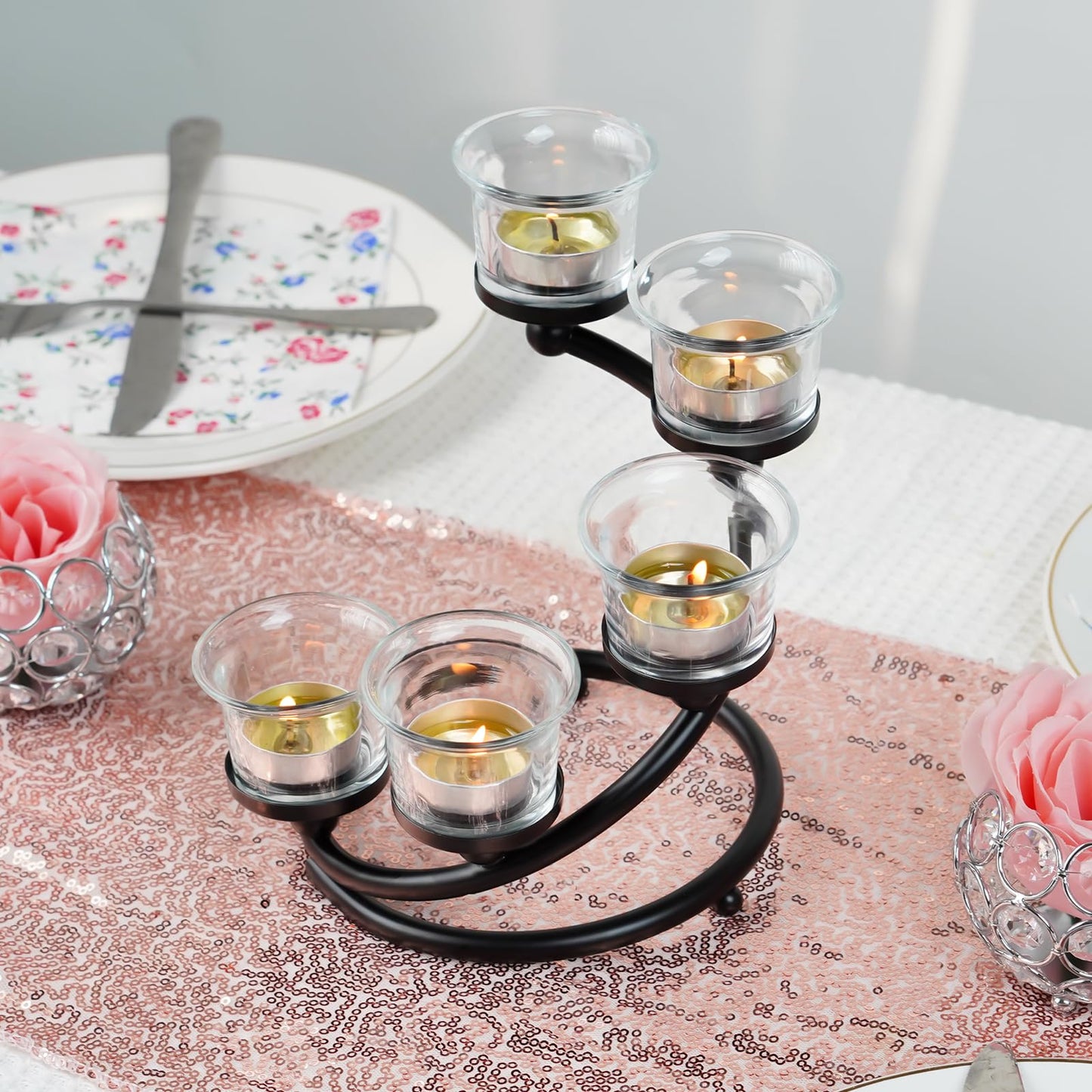 Kolnlala 1PC Clear Chunky 5 Cups Metal Tea Light Candle Holders for Table Centerpiece, Glass Votive Tealight Holders/Candelabra Candlestick Holders for Wedding,Party, Anniversary,Christmas(Black)