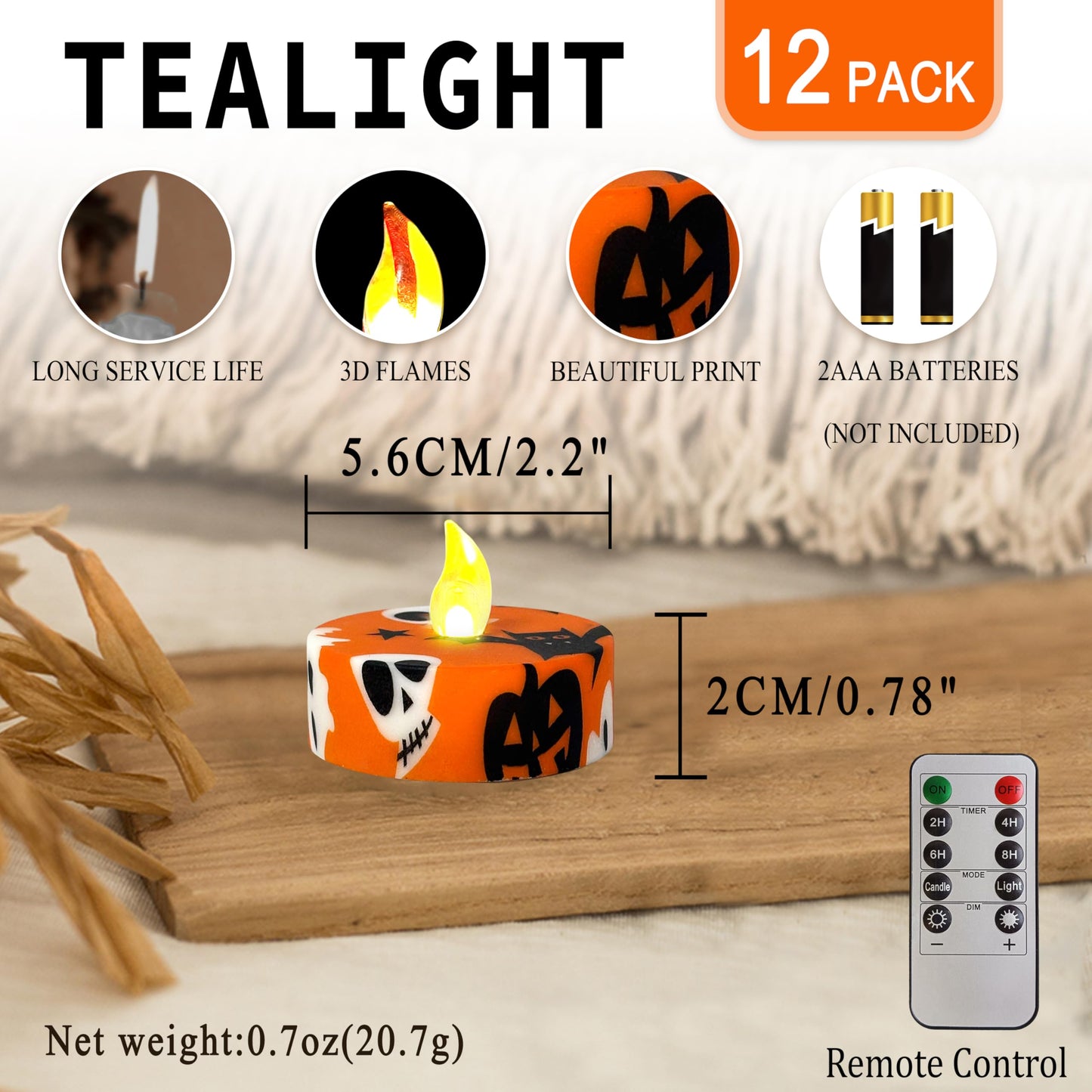FCMSHAMD Halloween Orange Flameless Tealights Candles with 10-Key Remote Timer Battery Operated, 2.2 Inch Flickering LED Tea Lights Candles for Home Decoration,12 Pack