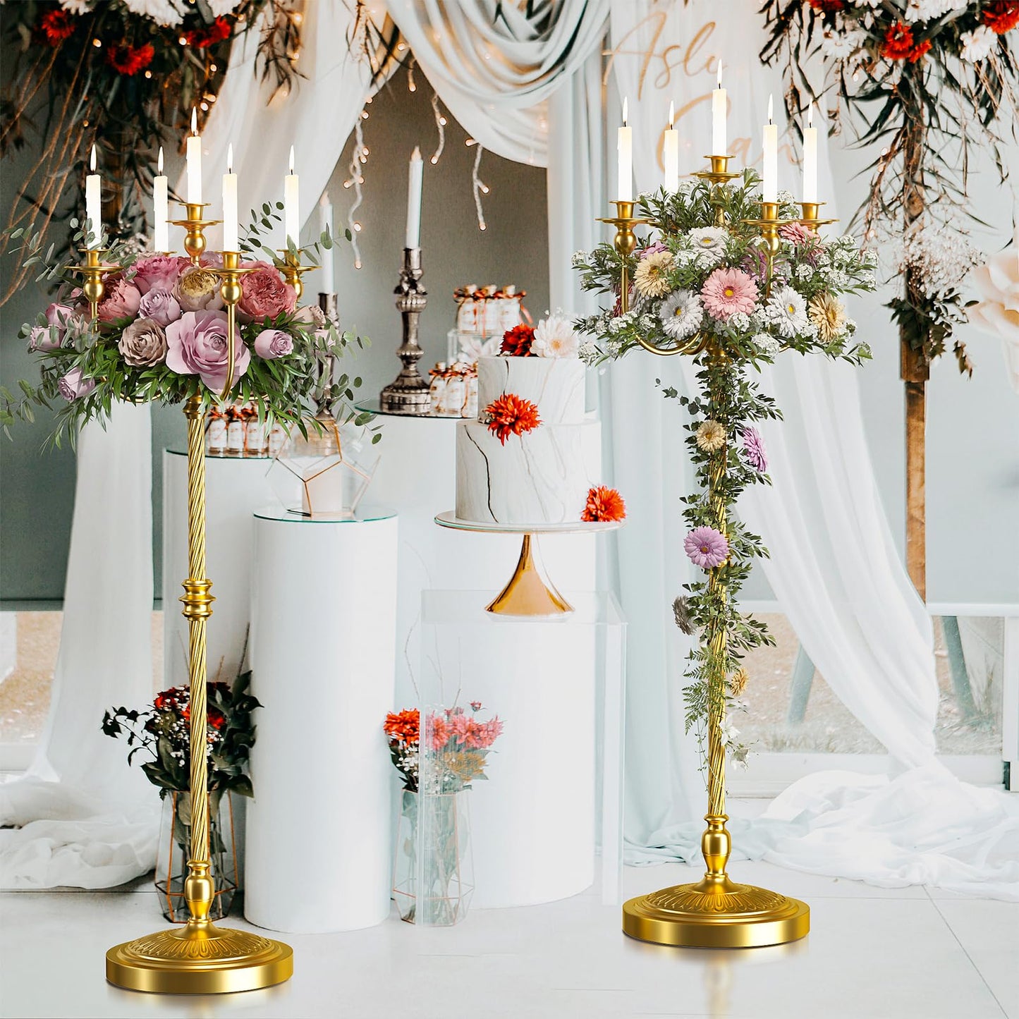 mopam 2 Pcs Floor Candelabra 50 Inch Gold Candelabra Centerpiece 5 Arms Floor Standing Candelabra Gold Candlestick Holder Antique Candle Holder Decorative for Party, Ceremony, Wedding (Line Styling)