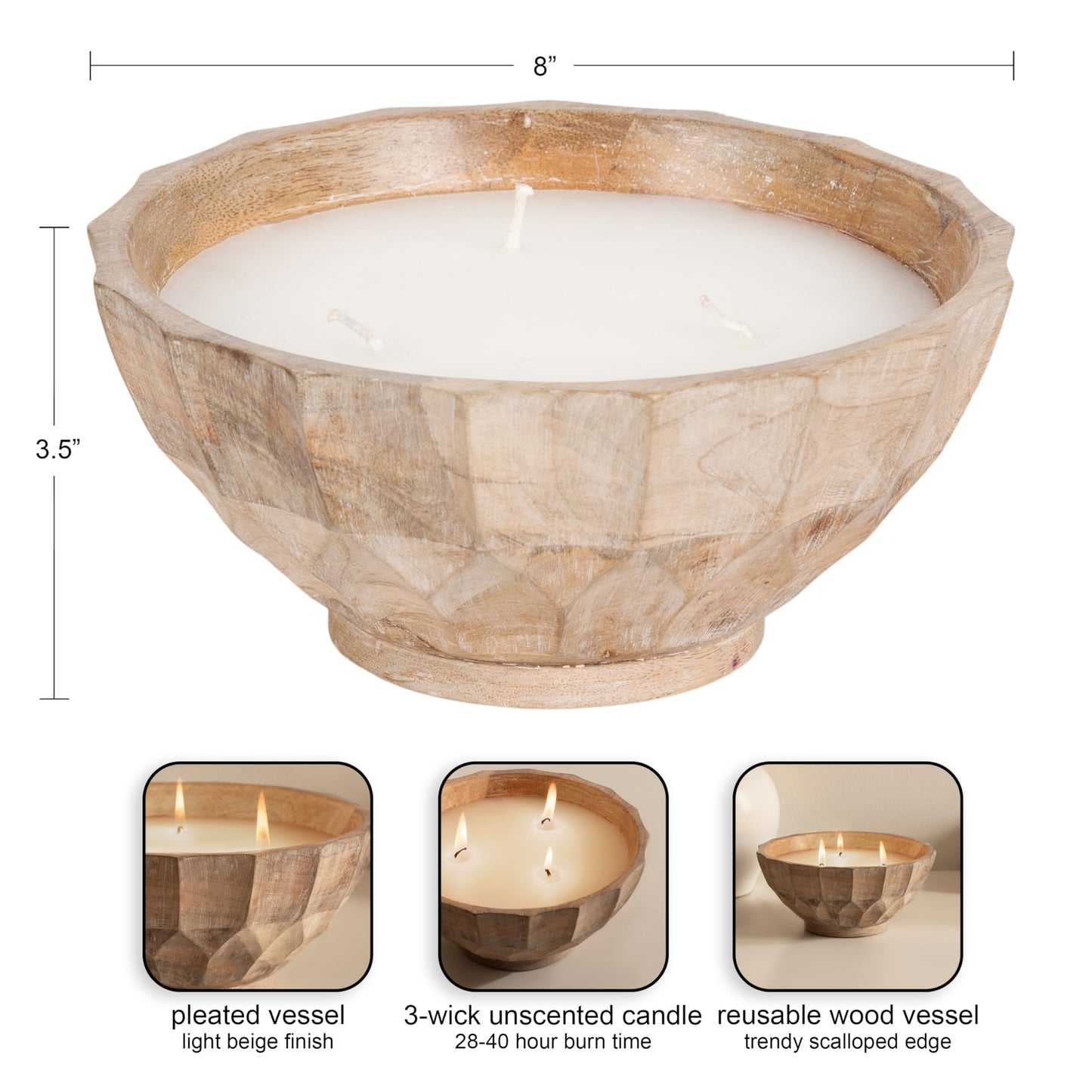 Kate and Laurel Plete Round Pleated Wood Candle Bowl, 8 Inch Diameter, Light Natural, Modern Scalloped Three-Wick Unscented Candle with Decorative Bowl for Living Room Decor