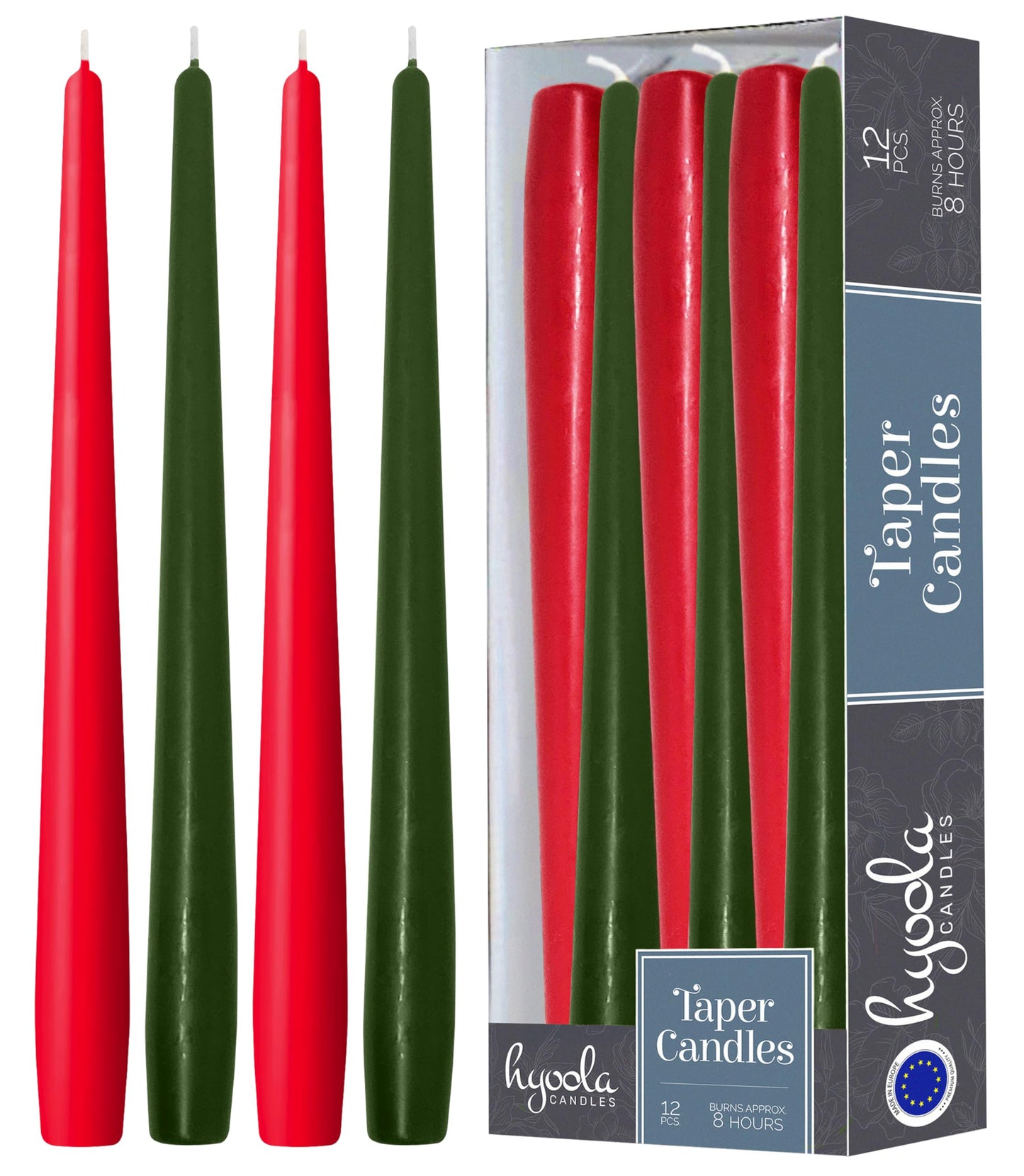 Hyoola Christmas Candles - Green and Red Taper Candles 10 Inch Dripless, 12 Pack Unscented Holiday Candles - European Made