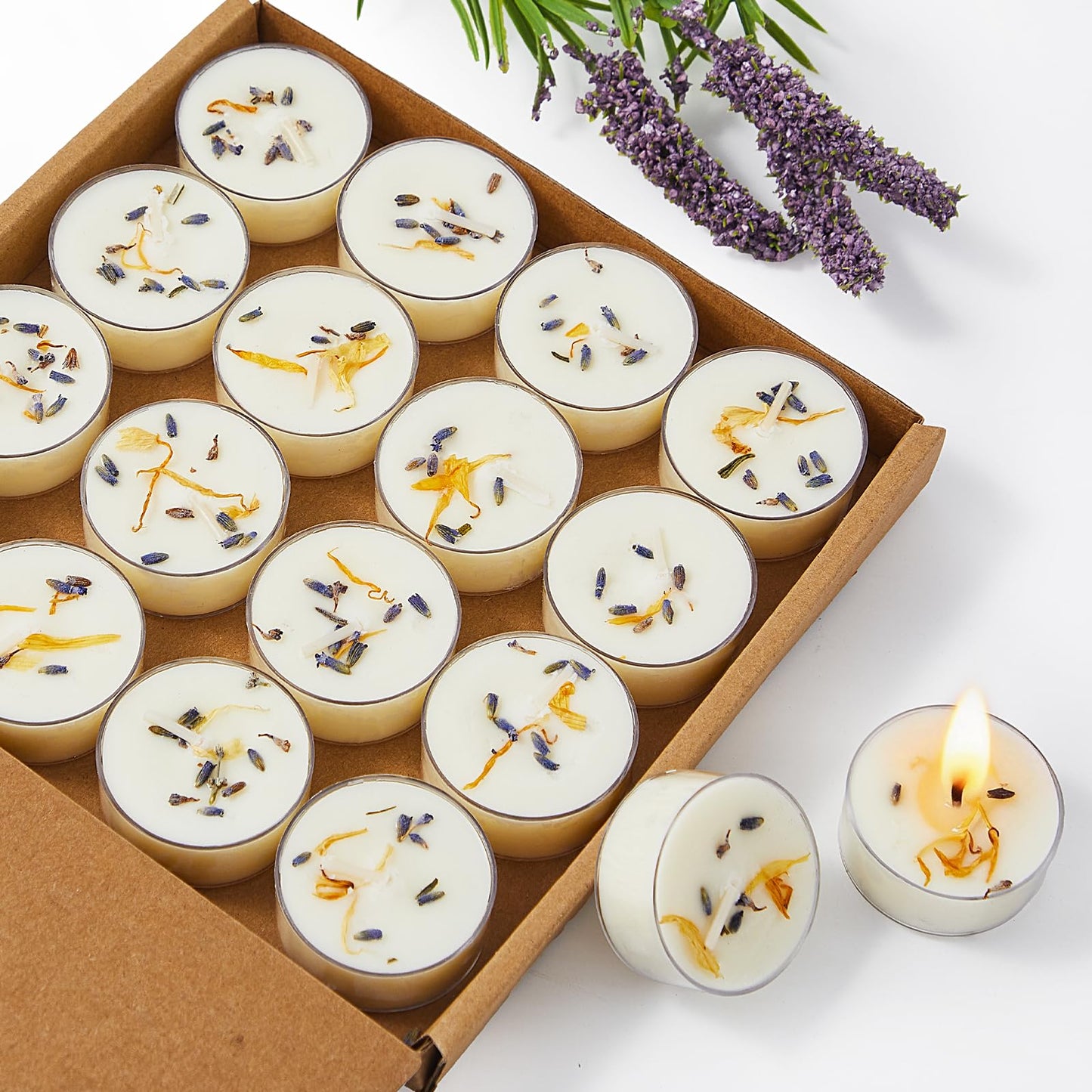Crenovo Lavender Scented Tealight Candles with Dried Flowers, 4 Hours Non-Toxic Tea Lights, 100% Soy Wax Candles Bulk for Wedding, Spa, Bath, and Home Decor, 16 Pack