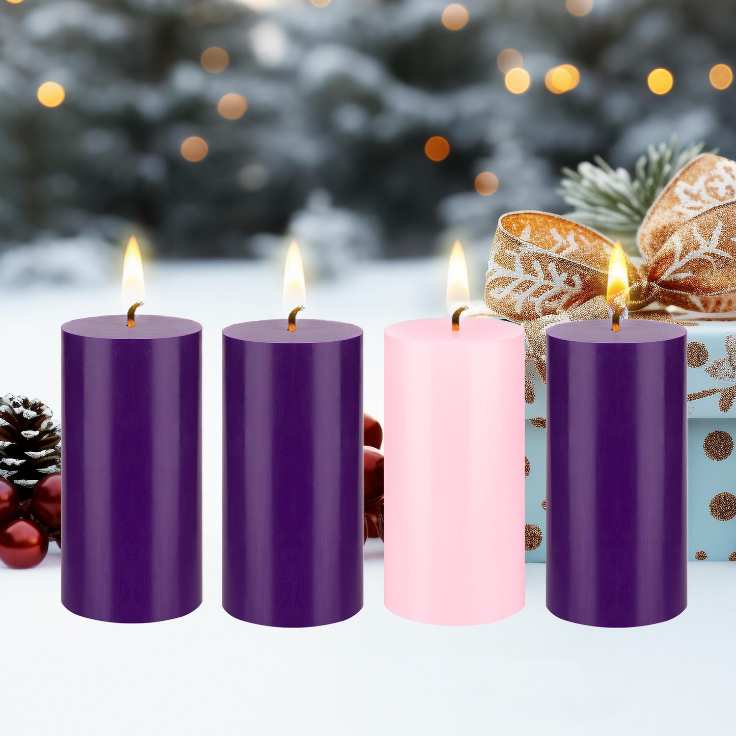 Mega Candles 4 pcs Unscented Christmas Advent Candles Set, Hand Poured Premium Wax Round Pillar Candle 3 Inch x 6 Inch, Holidays, Occasions, Events, Festivities, Devotional, Church, Wreath, Gifts