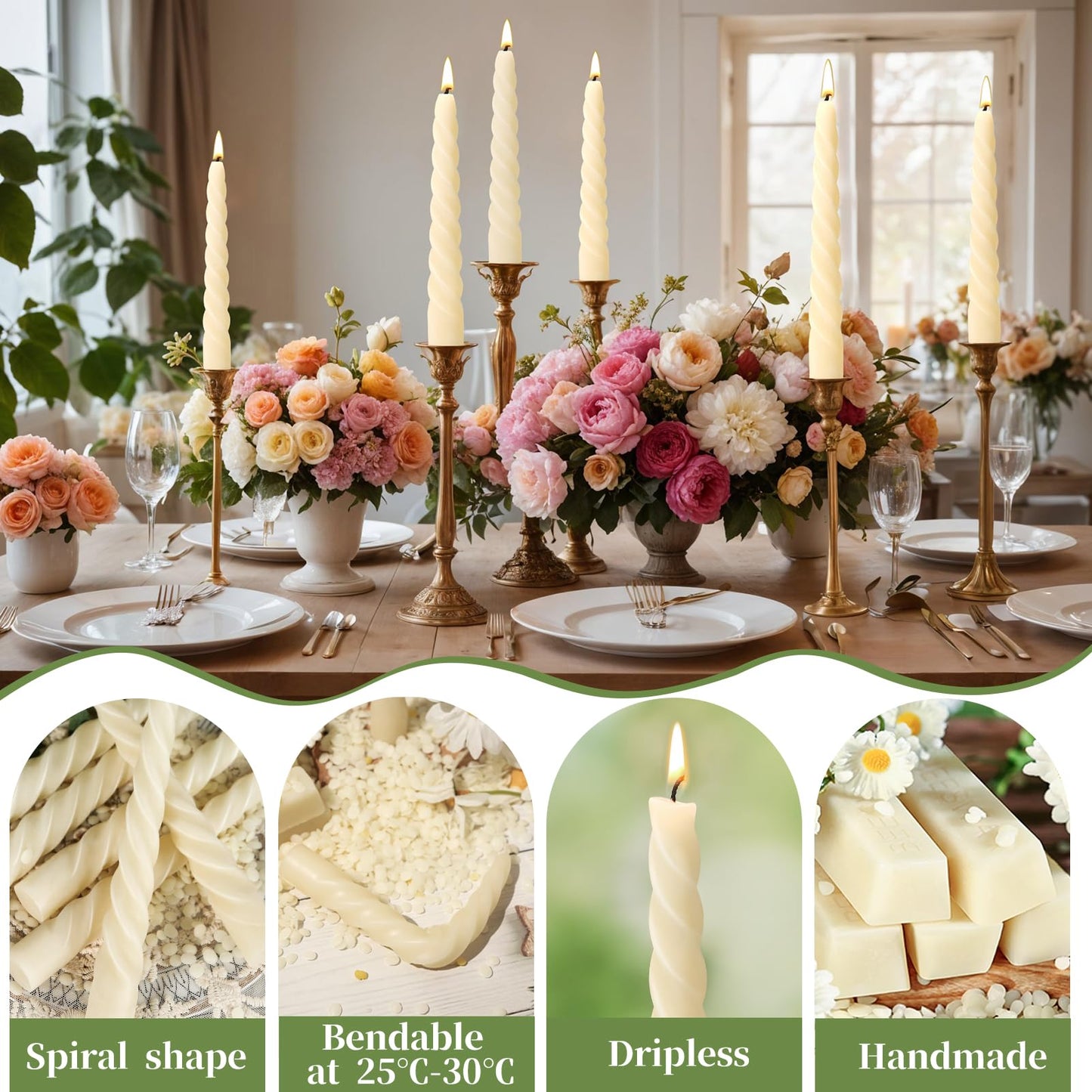 8 Pack Beeswax Taper Candles,7in Spiral Taper Candle Sticks,7 Hour White Beeswax Candlesticks,100% Natural Smokeless Dripless and Unscented Bees Wax Candle for Home,Prayer