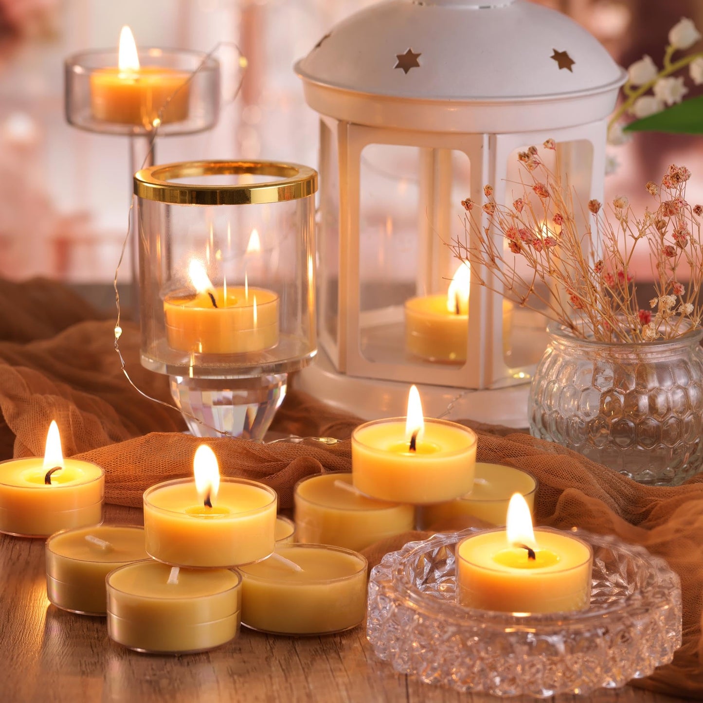 DEVI 90 Pack Pure Beeswax Tea Lights Candles Bulk 4 Hours, 100% Natural Beeswax Tea Candles Bulk, Unscented Bees Wax Votive Tea Lights for Home Decor, Bees Wax for Wedding Party Supplies Favors
