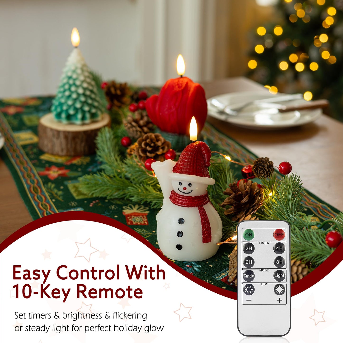 AFINETH Christmas Flameless Candles with Remote, Real Wax Battery Operated Christmas Candles, Flickering Xmas LED Candles for Table Home Party Decor, Set of 3