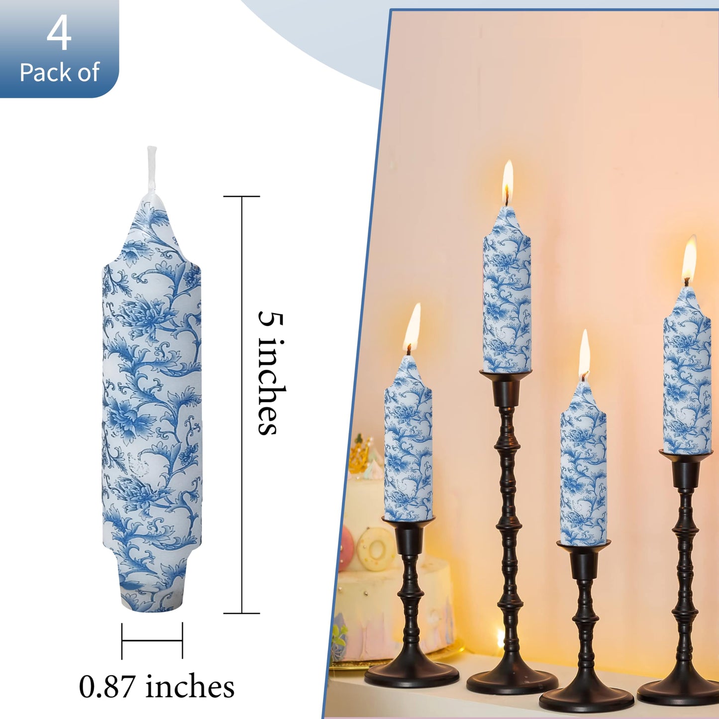 5 Inch Blue Flowers Chunky Taper Candles Short Handmade Blue and White Candle Sticks Smokeless Unscented Tapered Candles for Blue Wedding Present Spa Meditation Housewarming Home Decoration