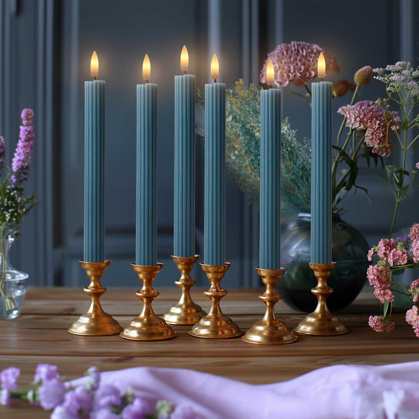 West Ivory 6 Pack, 10" LED Flameless Blue Fluted Ribbed Grooved Taper Candles, Remote & 24h Timer Memory, On/Off Button, Dimmable, Flicker Mode, Battery Operated, Christmas Menorah Wedding