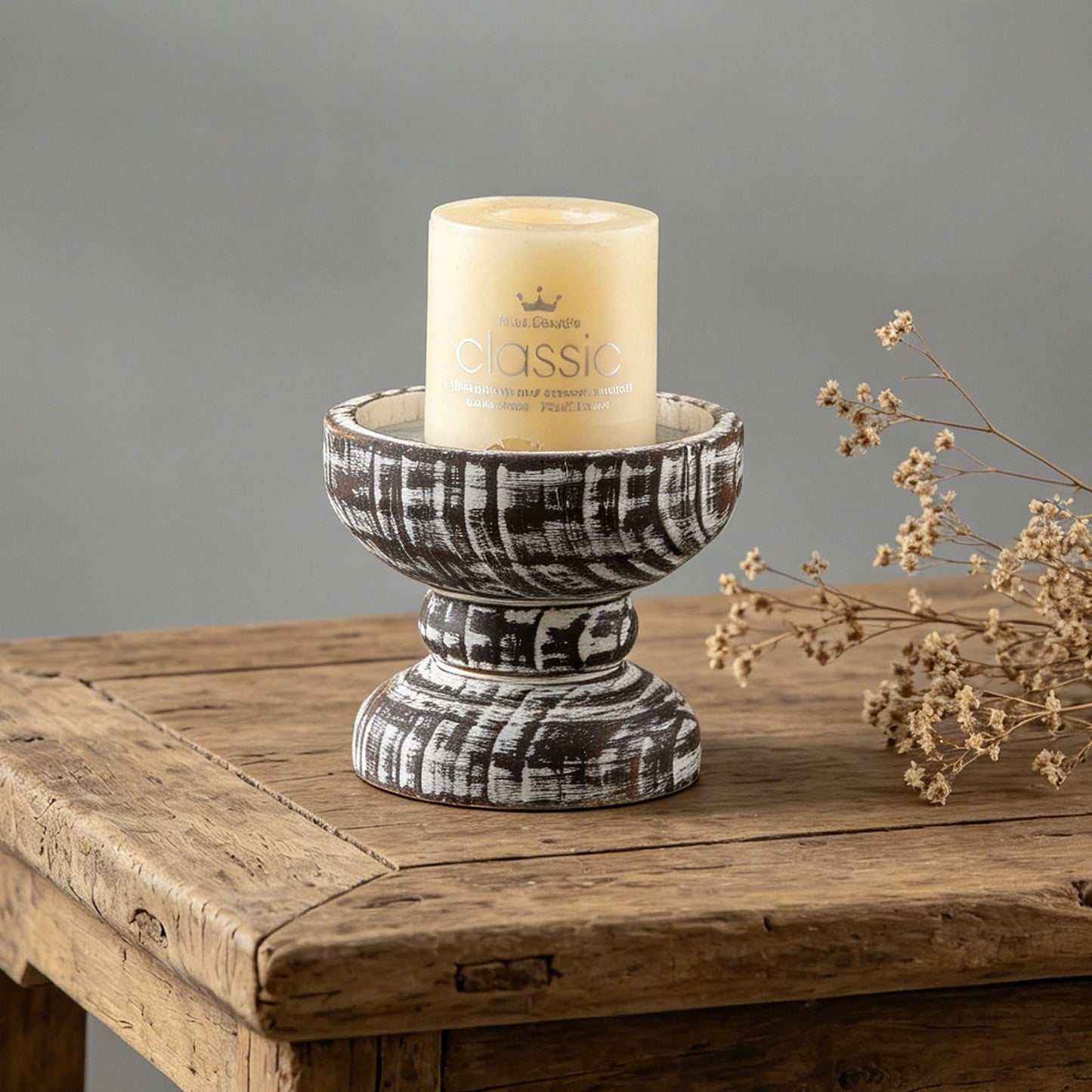 SOFE Wood Rustic Candle Holder, 5 Inches Tall Farmhouse Candle Pillar Holder, Distressed Small Plant Stand, Living Room, Dining Room, Centerpieces for Tables