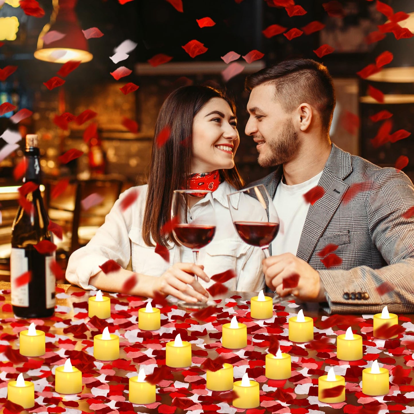 Coume 6000 Pcs Artificial Rose Petals with 72 Pcs Flameless LED Candles Romantic Decorations Fake Candles Anniversary Decorations for Valentine's Day Wedding Night(Warm White with Red Series Petal)