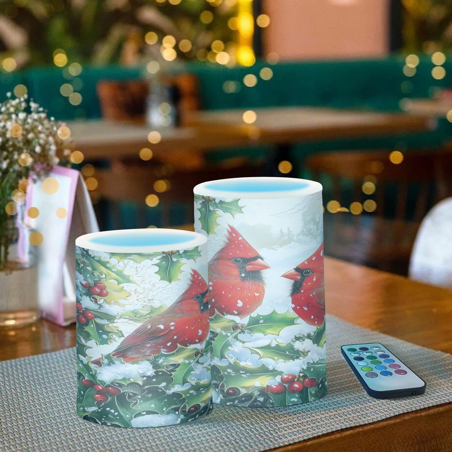 BOENLE Flickering Flameless Candles, Red Cardinals Holly Christmas LED Candles with Remote Timer, Set of 2 Battery Operated Candle for Valentine Wedding Birthday