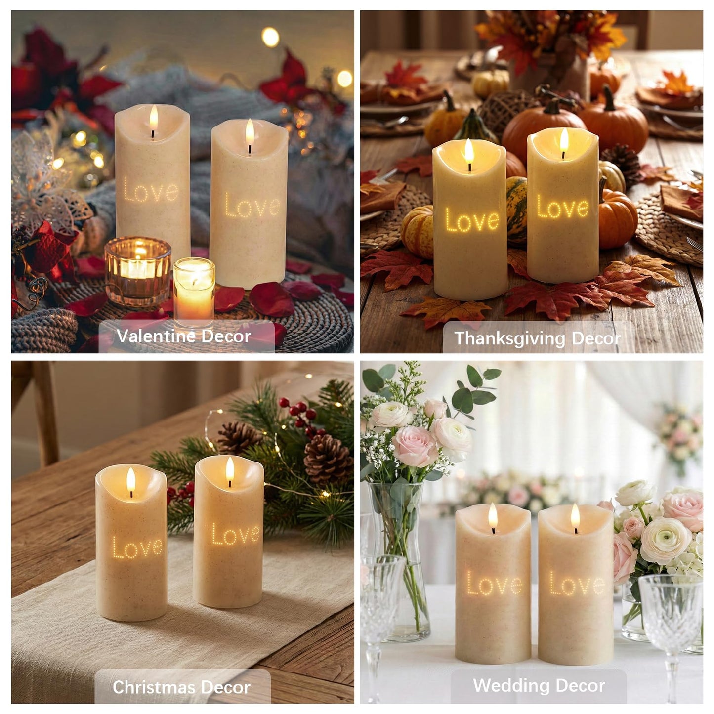 BAIRAYEN Love Flameless Candles 2-Pack, Fiber Optic Fake Candles with Timer, Warm White Battery Operated LED Lights 6" Tall for Wedding, Valentine, Anniversary, Christmas Table Decor