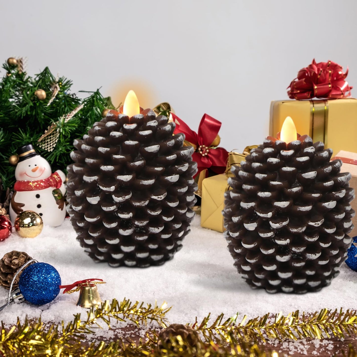 Wondise Flameless Candles with 6H Timer, Battery Operated Flickering Wick Real Wax Pine Cone Candles for Holiday Indoor Decoration, Set of 2, Brown(D3.5 x H4.7 Inch)