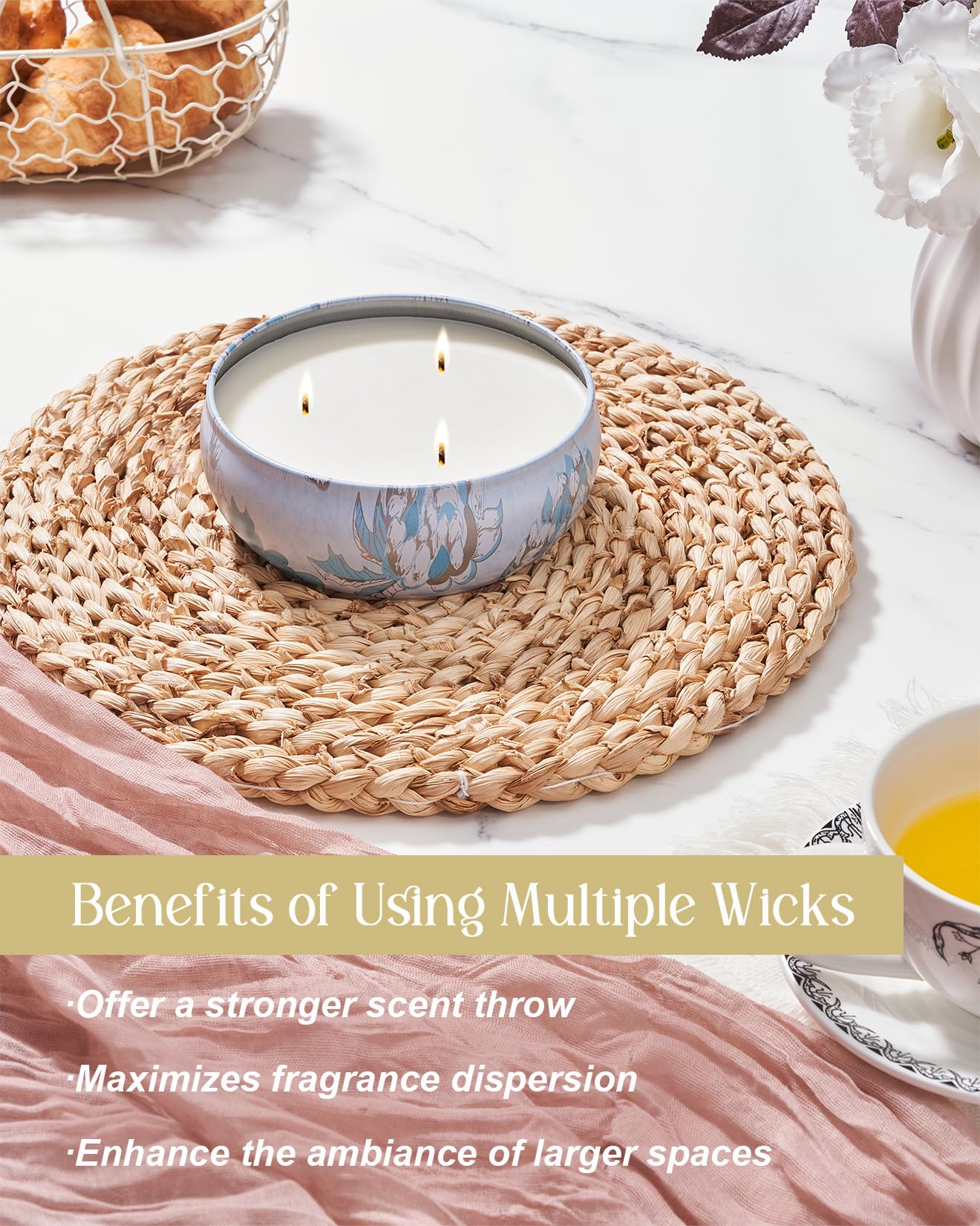 M&SENSE Ocean Waters Scented Candles 12oz, Large 3 Wick Soy Tin Candle, Over 40 Hour Burning Time, 100% Natural Vegan Wax Relaxing Aromatherapy Aesthetic Candle Gift for Women Men