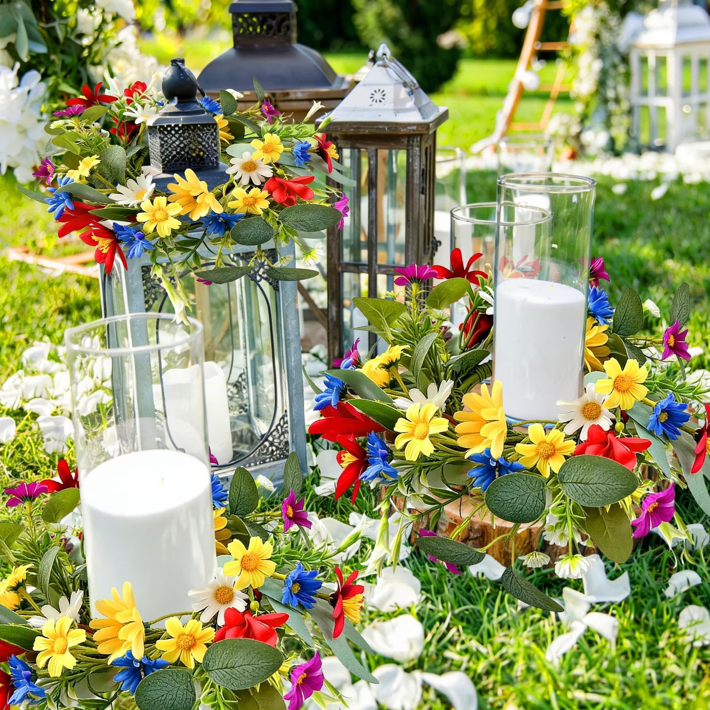 6 PCS Spring Summer Artificial Floral Candle Rings Wreath Sunflowers Daisy Forsythia Candle Rings Pillar Holder Wreath Mini Eucalyptus Candle Wreaths Kitchen Cabinet Swags for Home Tabletop Decor