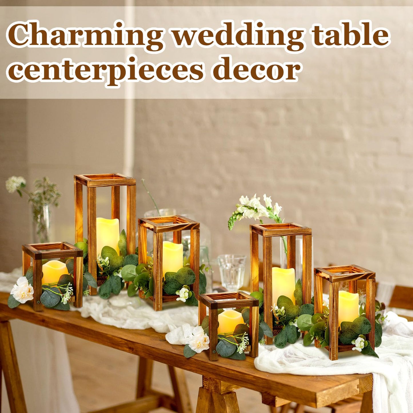 24 Pcs Wooden Candle Lantern Include 12 Wedding Lantern Centerpiece 12 Flameless Decorative Candles Holders Wedding Centerpieces for Tables Party Decor(Brown)