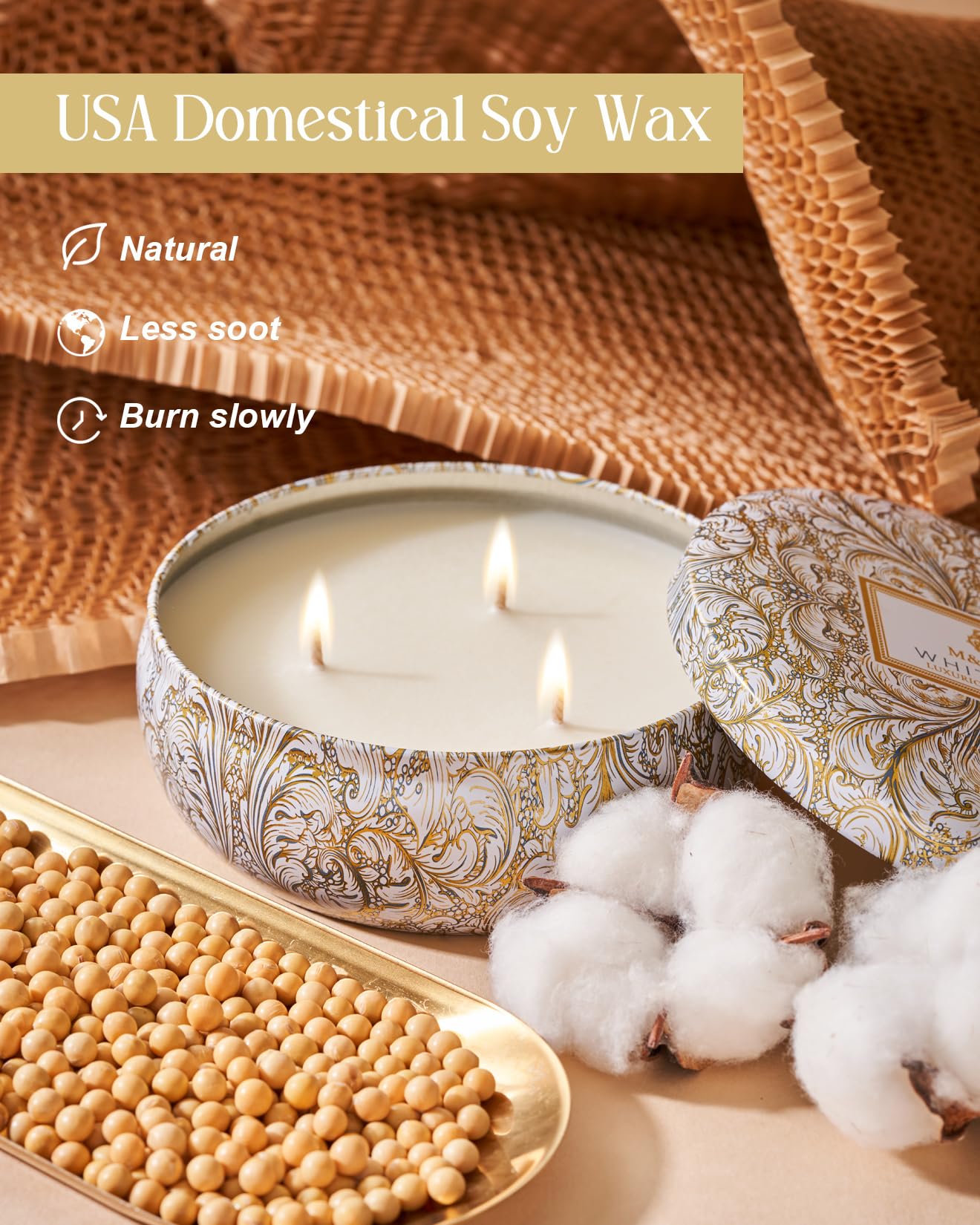 M&SENSE White Tea Scented Candles 12 oz, Large 3 Wick Soy Tin Candle, Over 40 Hour Burning Time, 100% Natural Vegan Wax, Relaxing Aromatherapy Aesthetic Candle Gift for Women Men