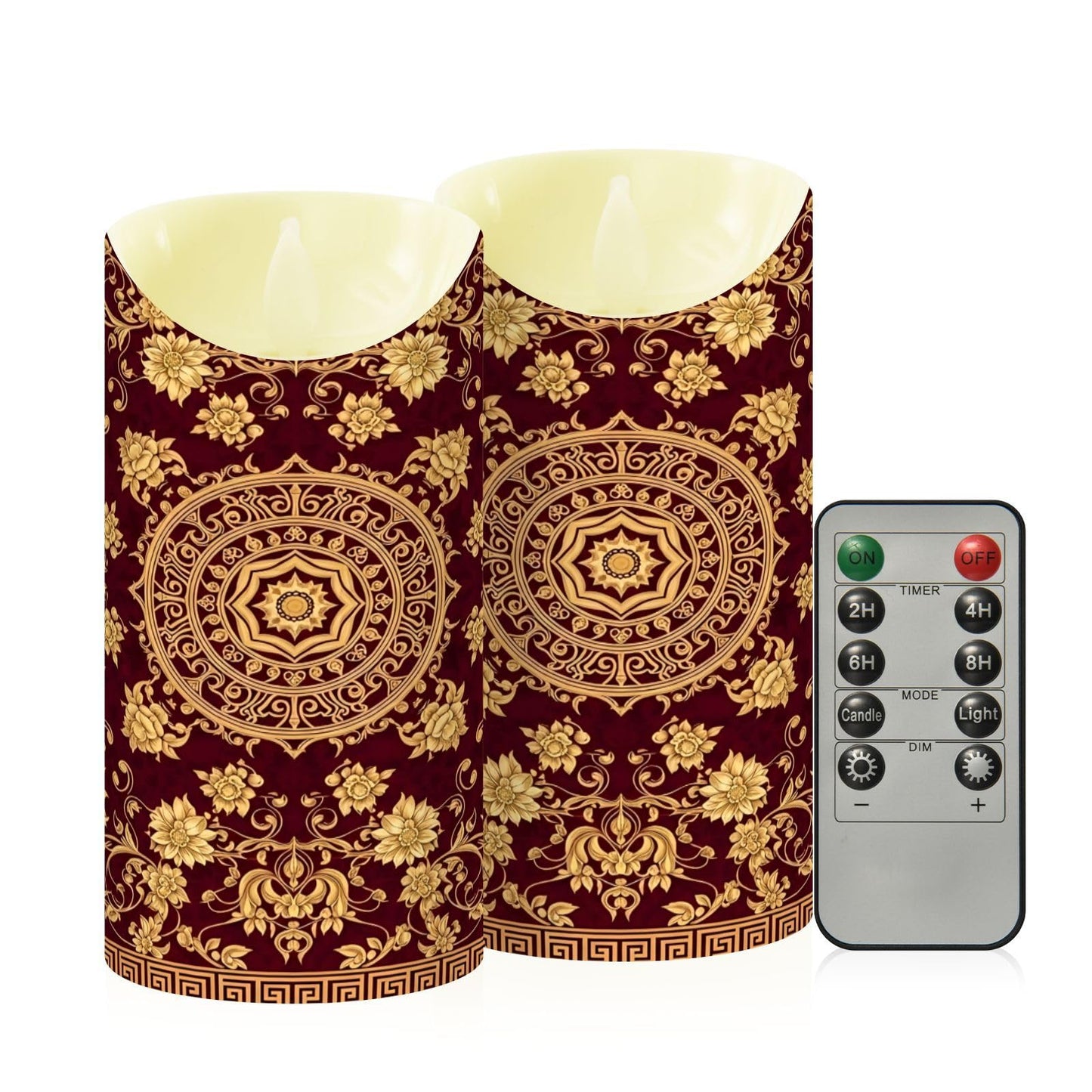 Gravopti Gold Floral Mandala 2 Pack Flameless LED Pillar Candles with Remote & Timer, Battery Operated, Flickering Wax Candle for Wedding, Romantic Home & Party Decor