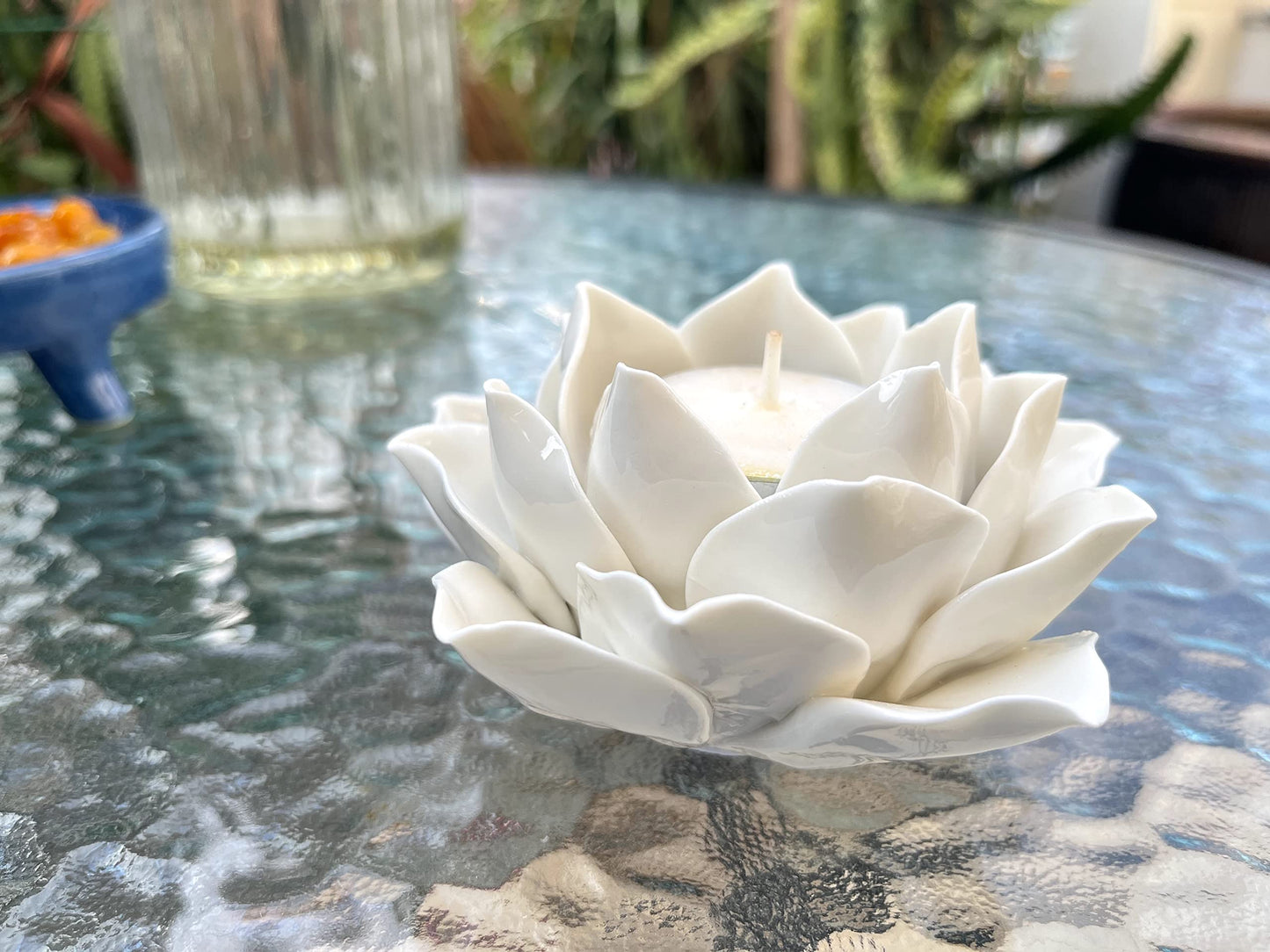 Ceramic Lotus Petals Style Flower Candle Holder Tea Lights Holder Home & Table top Decoration (White)