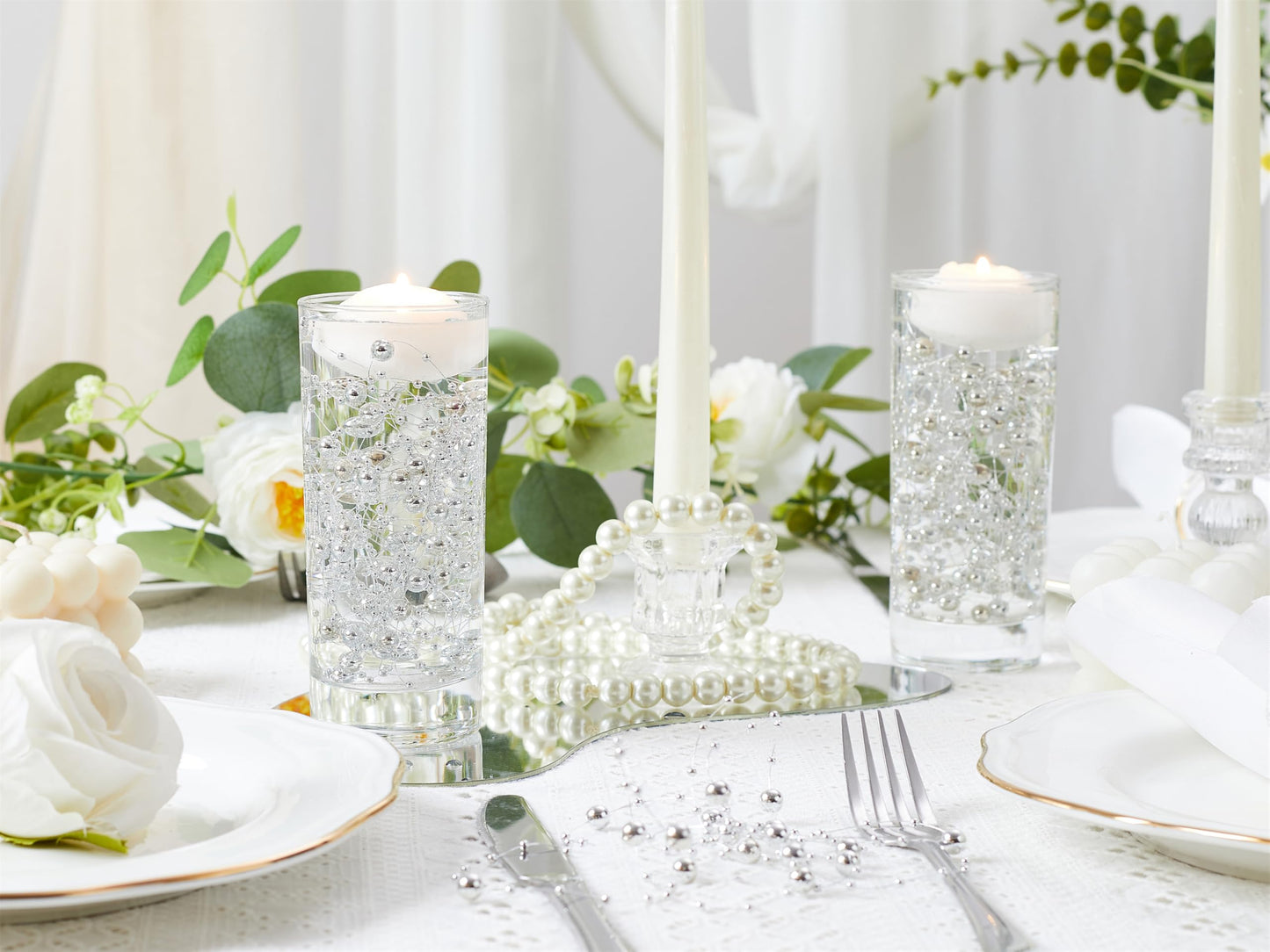 YATOJUZI 30 PCS Artificial Pearl String Silver Vase Filler Floating Pearls for Vases Centerpieces Faux Pearl Beads String Decorations Wedding Holiday Party Decor