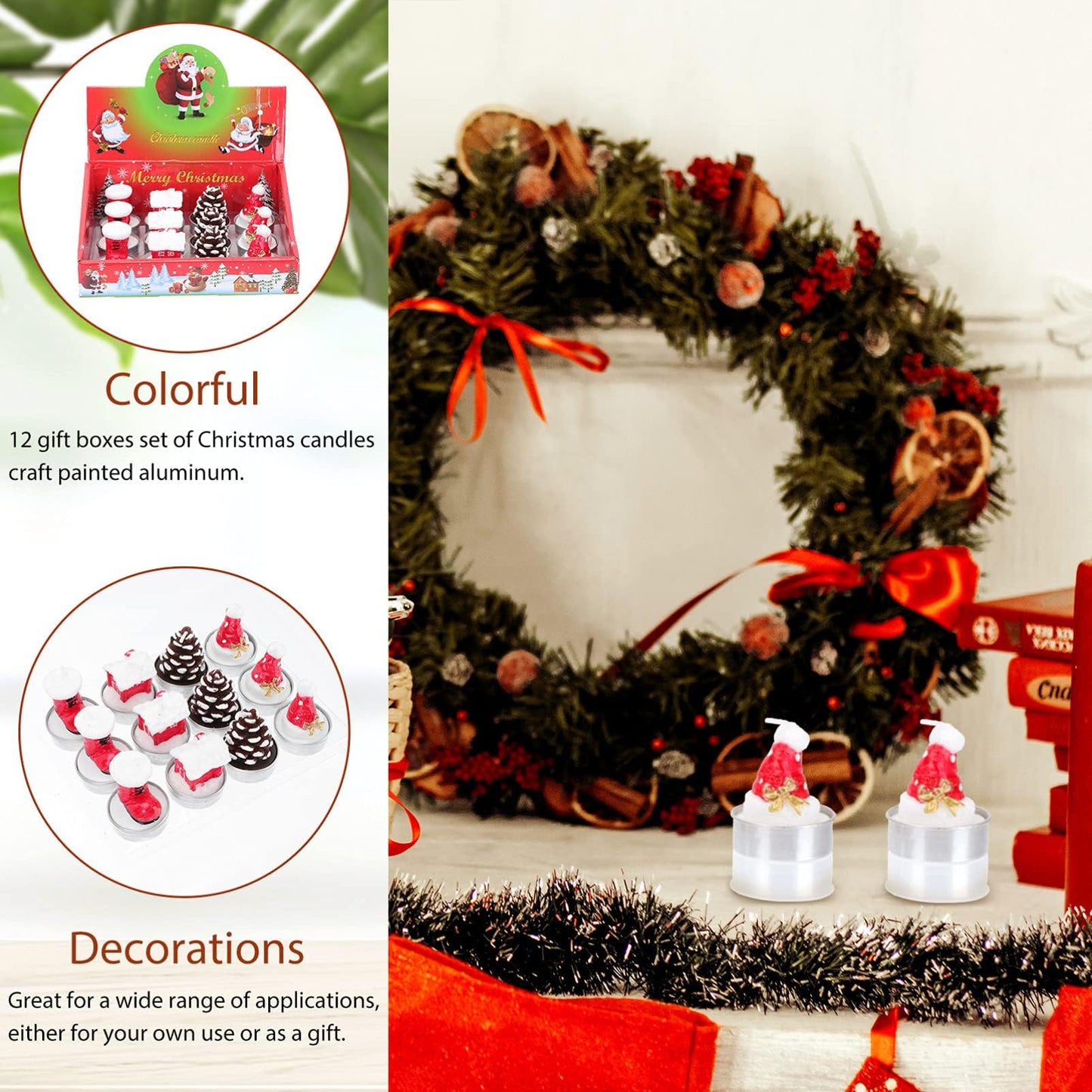 12 Pieces Tealight Candles Handmade Delicate Santa Hat Claus Christmas Tree Candle Wax Snowman Elk Pinecone House Candles for Party Wedding Spa HomeChristmas Decoration