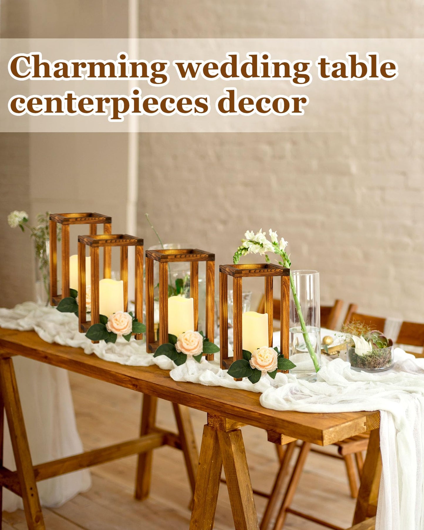 Huquary 32 Pcs/16 Set Wooden Wedding Lantern Centerpiece Include Farmhouse Candle Holders and Flameless LED Candles for Rustic Wedding Table Decoration